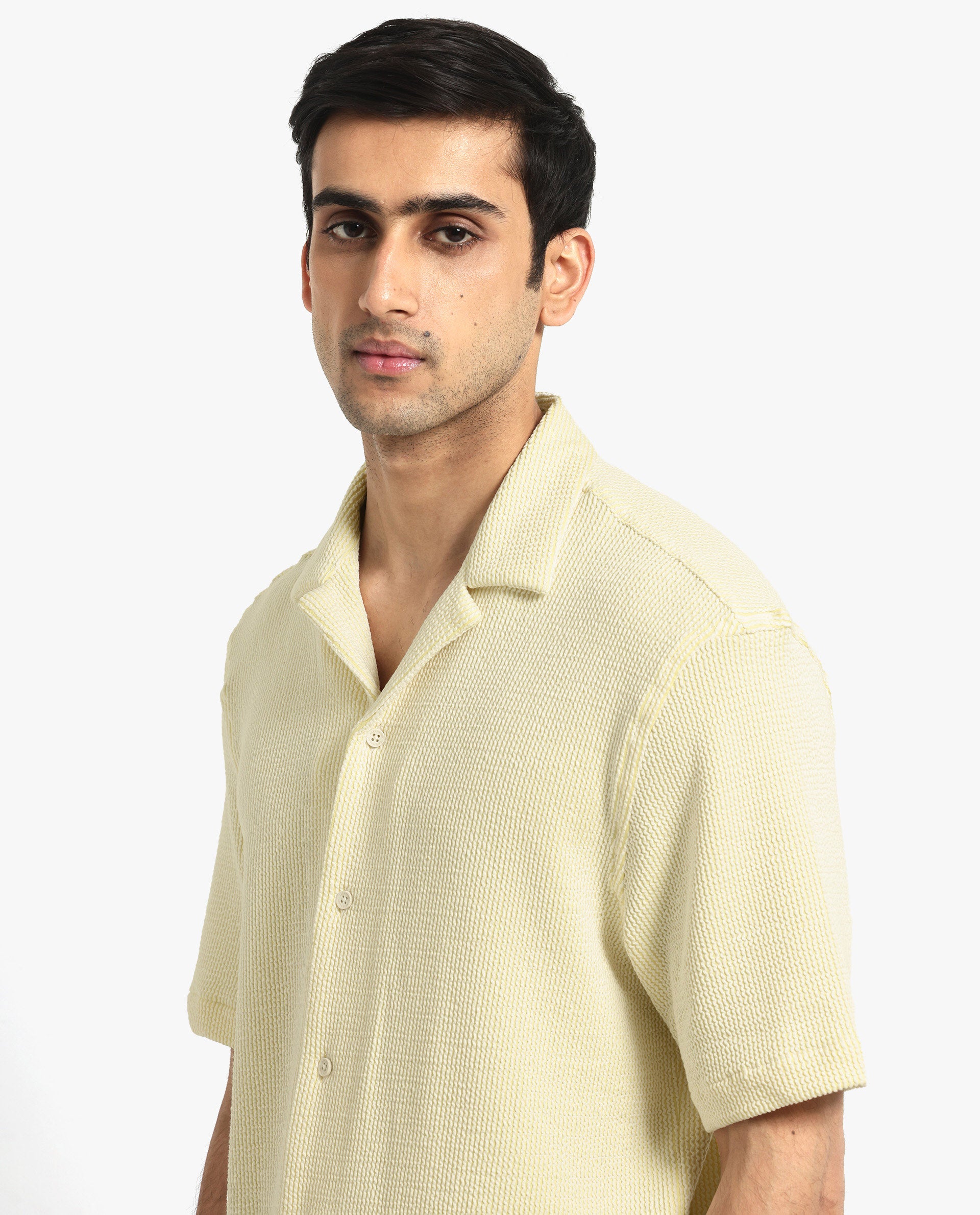 Rare Rabbit Men's Zavet-S Yellow Cotton Polyester Fabric Short Sleeves Cuban Collar Boxy Fit Self Stripe Textured Shirt