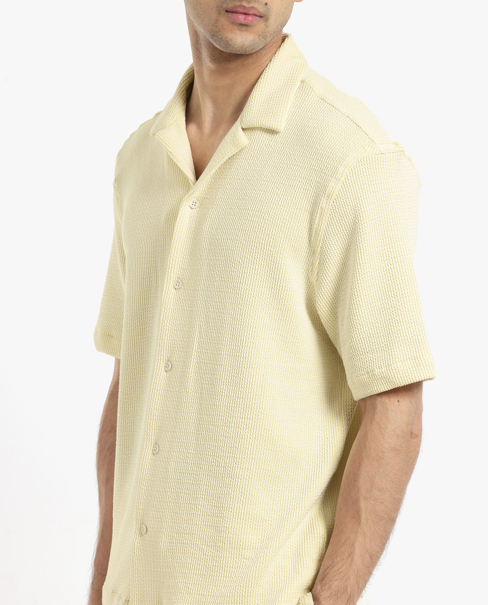 Rare Rabbit Men's Zavet-S Yellow Cotton Polyester Fabric Short Sleeves Cuban Collar Boxy Fit Self Stripe Textured Shirt