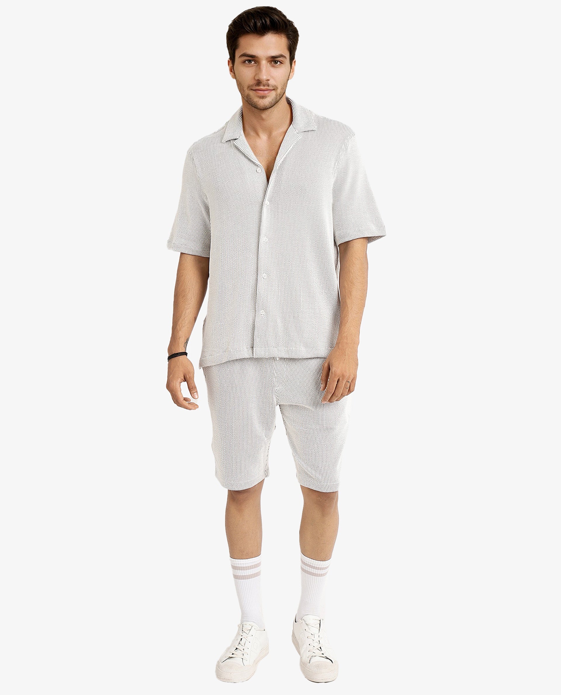 Rare Rabbit Men's Zavet-S Grey Cotton Polyester Fabric Short Sleeves Cuban Collar Boxy Fit Self Stripe Textured Shirt