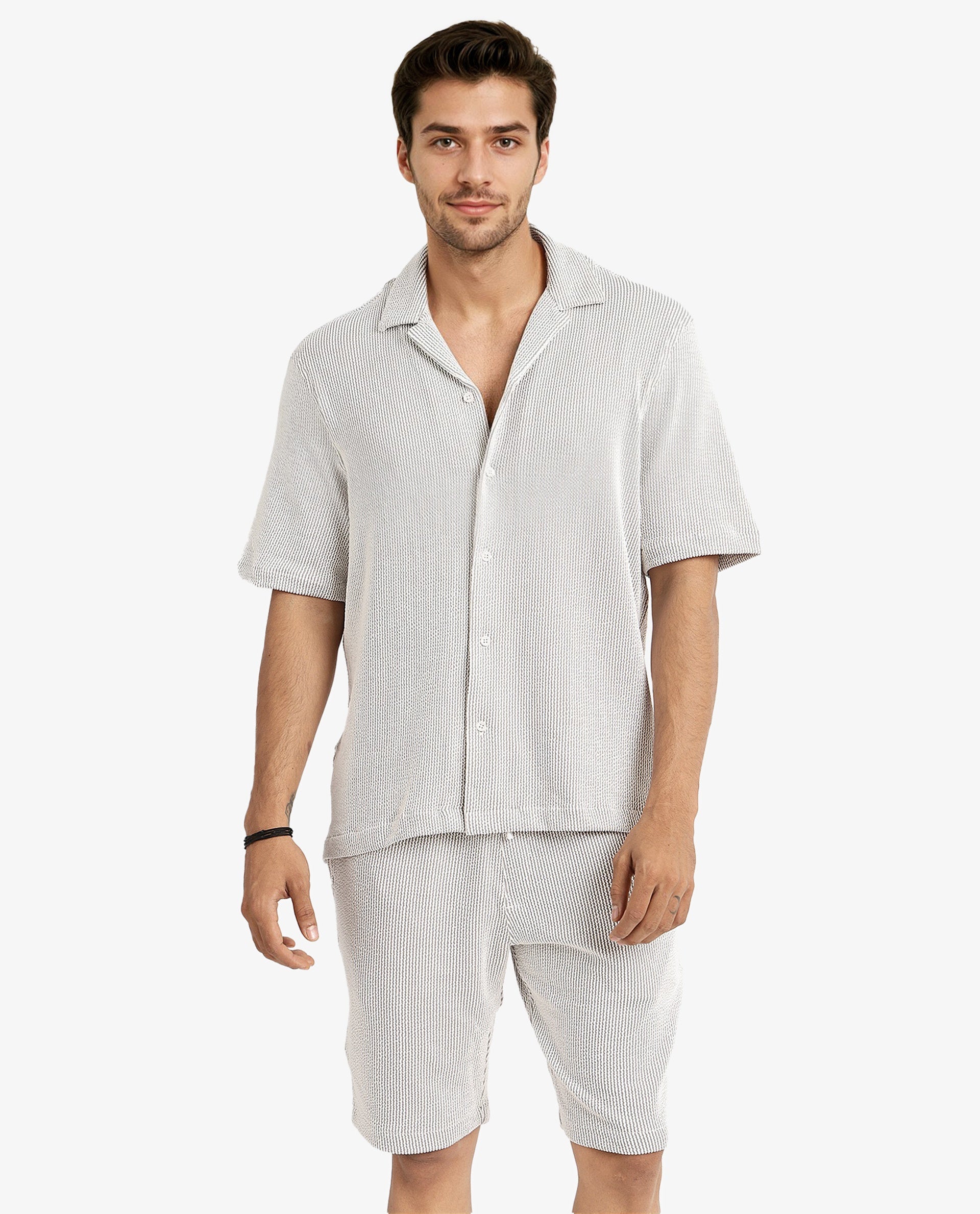 Rare Rabbit Men's Zavet-S Grey Cotton Polyester Fabric Short Sleeves Cuban Collar Boxy Fit Self Stripe Textured Shirt