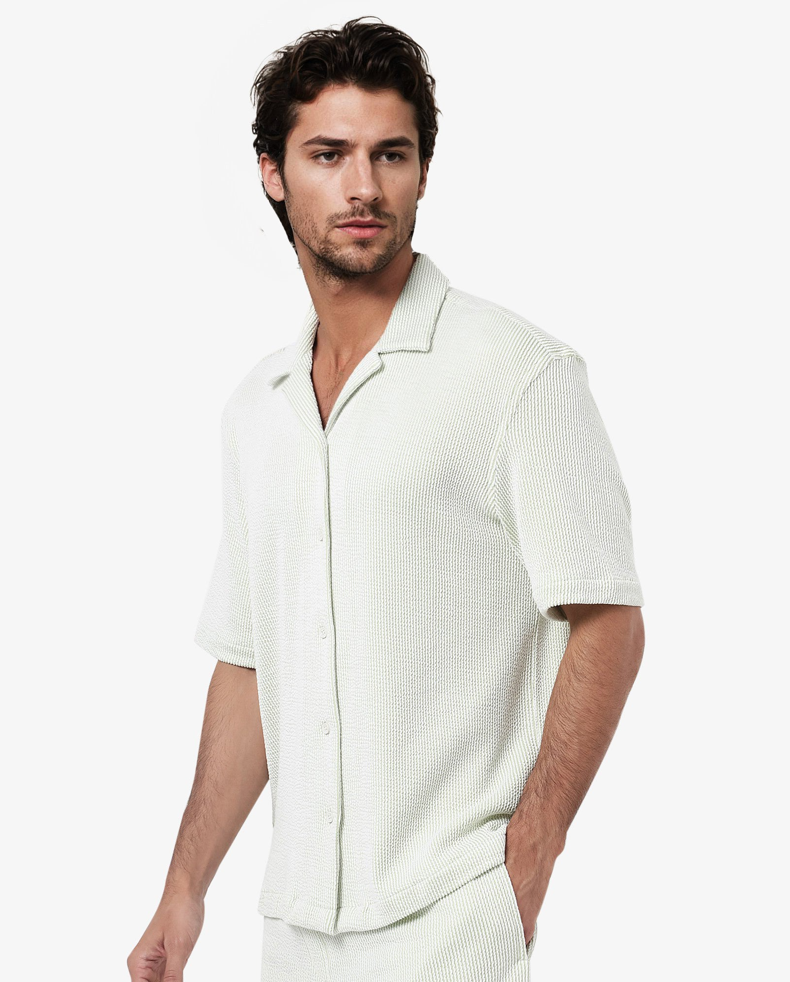 Rare Rabbit Men's Zavet-S Light Green Cotton Polyester Fabric Short Sleeves Cuban Collar Boxy Fit Self Stripe Textured Shirt