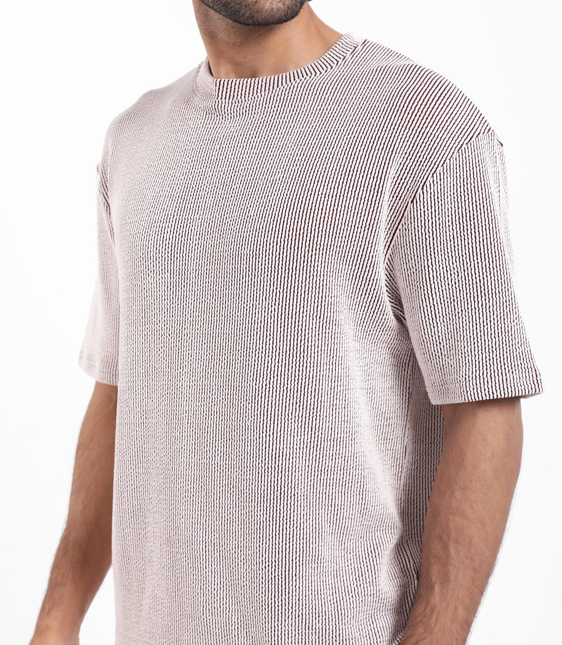 Rare Rabbit Men's Zavet-T Maroon Cotton Polyester Fabric Short Sleeves Crew Neck Oversized Fit Self Stripe Textured T-Shirt