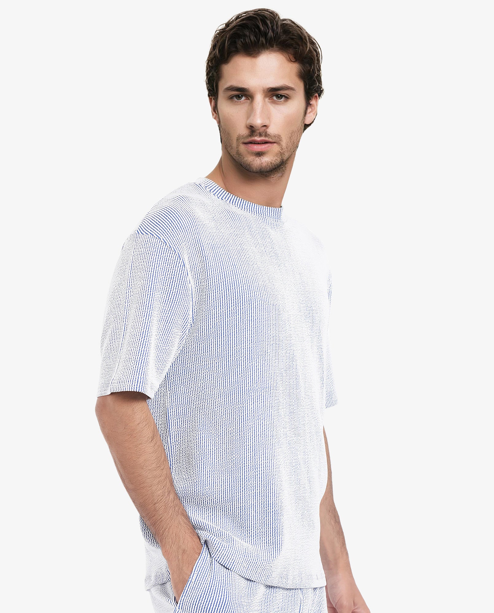 Rare Rabbit Men's Zavet-T Blue Cotton Polyester Fabric Short Sleeves Crew Neck Oversized Fit Self Stripe Textured T-Shirt