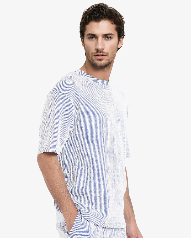 Rare Rabbit Men's Zavet-T Blue Cotton Polyester Fabric Short Sleeves Crew Neck Oversized Fit Self Stripe Textured T-Shirt