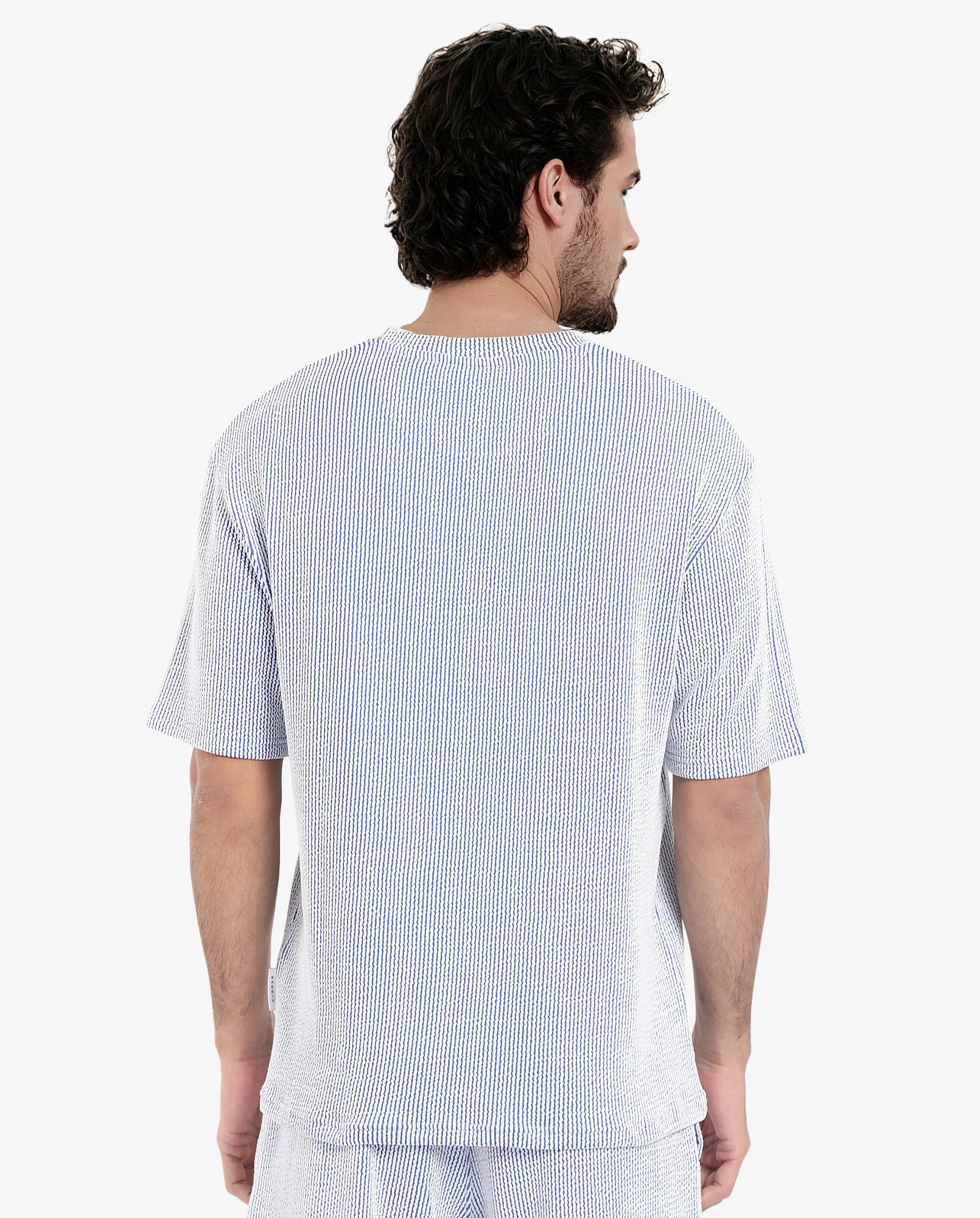 Rare Rabbit Men's Zavet-T Blue Cotton Polyester Fabric Short Sleeves Crew Neck Oversized Fit Self Stripe Textured T-Shirt