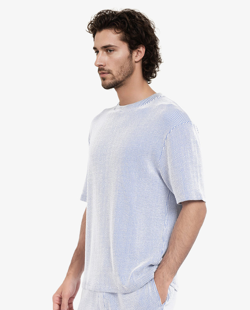 Rare Rabbit Men's Zavet-T Blue Cotton Polyester Fabric Short Sleeves Crew Neck Oversized Fit Self Stripe Textured T-Shirt