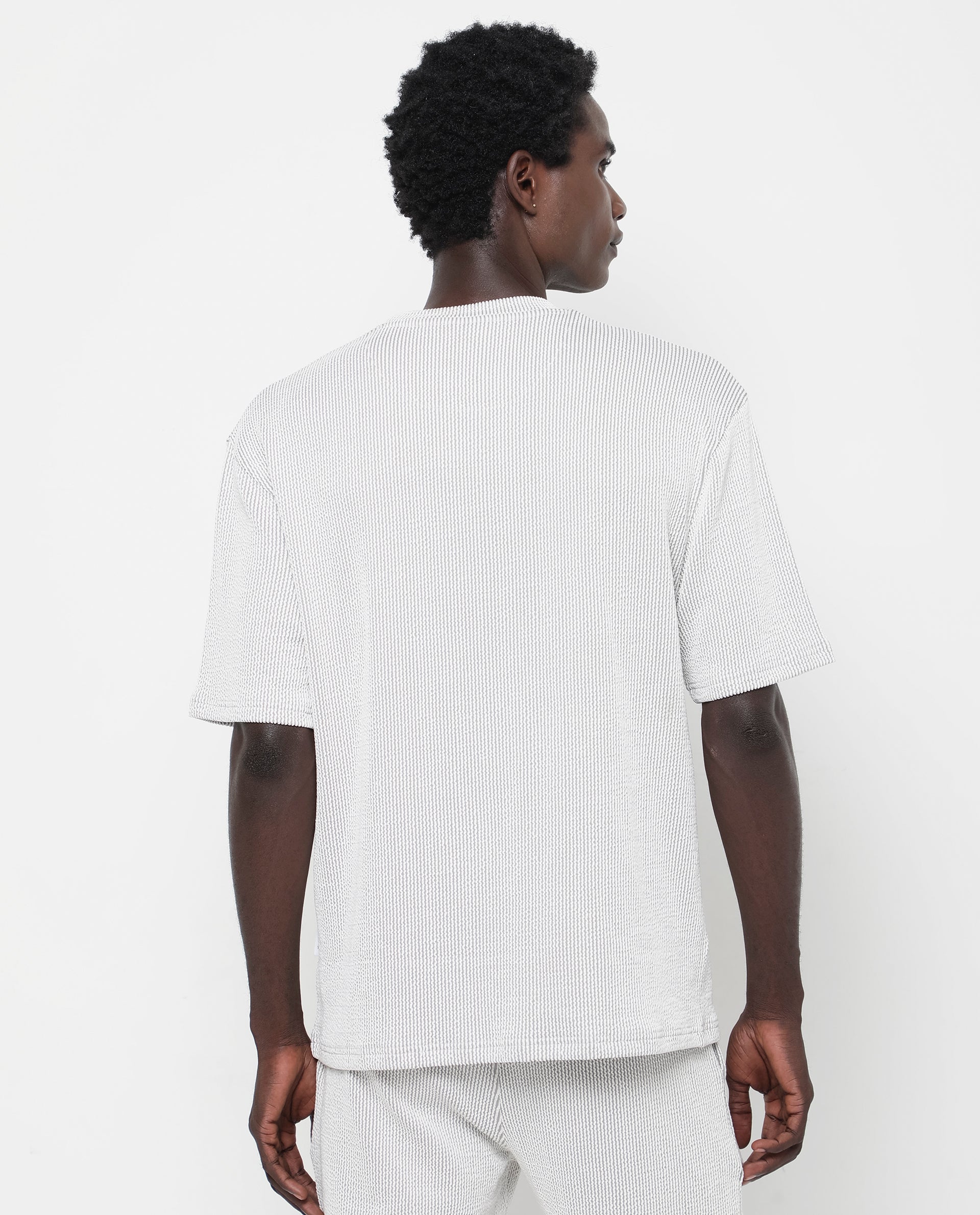 Rare Rabbit Men's Zavet-T Grey Cotton Polyester Fabric Short Sleeves Crew Neck Oversized Fit Self Stripe Textured T-Shirt