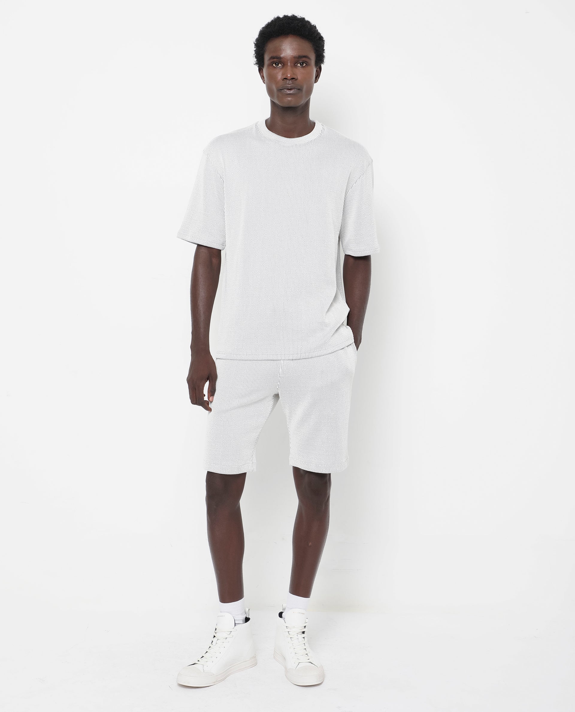 Rare Rabbit Men's Zavet-T Grey Cotton Polyester Fabric Short Sleeves Crew Neck Oversized Fit Self Stripe Textured T-Shirt