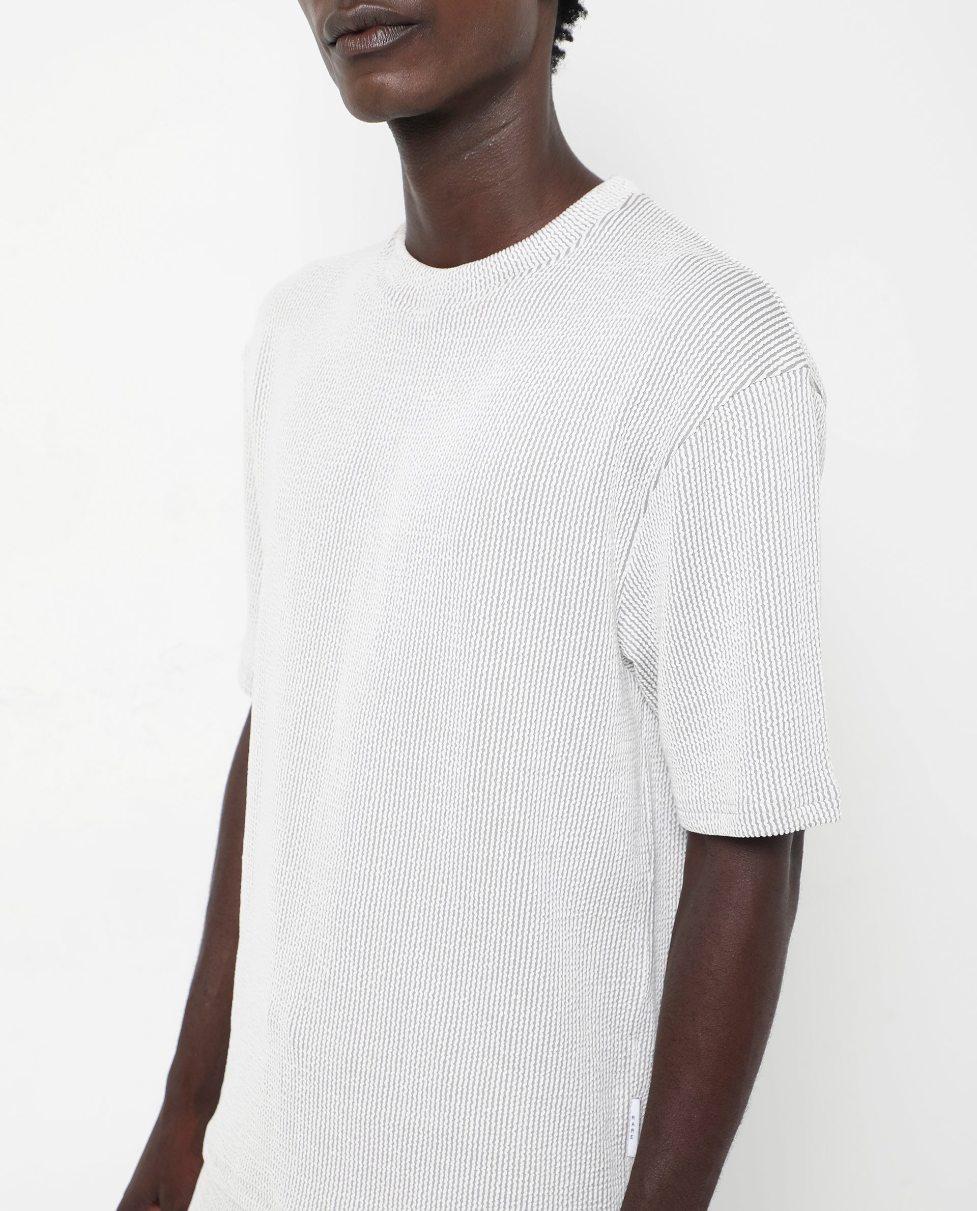 Rare Rabbit Men's Zavet-T Grey Cotton Polyester Fabric Short Sleeves Crew Neck Oversized Fit Self Stripe Textured T-Shirt