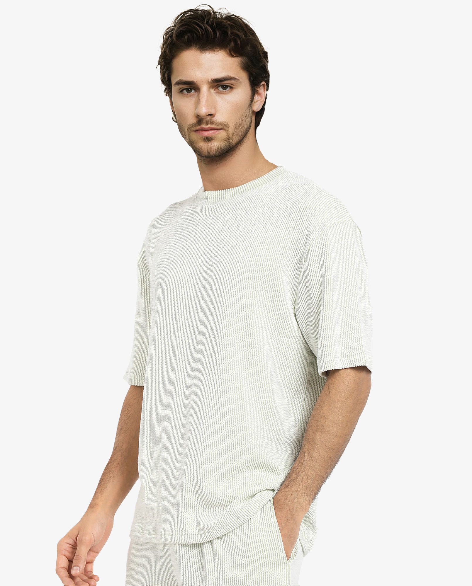 Rare Rabbit Men's Zavet-T Light Green Cotton Polyester Fabric Short Sleeves Crew Neck Oversized Fit Self Stripe Textured T-Shirt