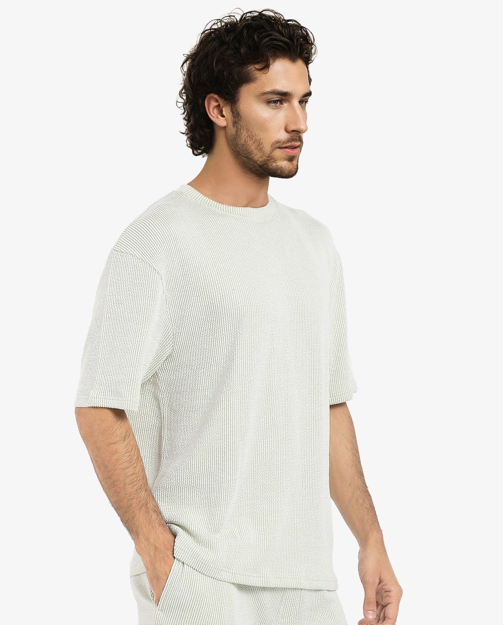 Rare Rabbit Men's Zavet-T Light Green Cotton Polyester Fabric Short Sleeves Crew Neck Oversized Fit Self Stripe Textured T-Shirt