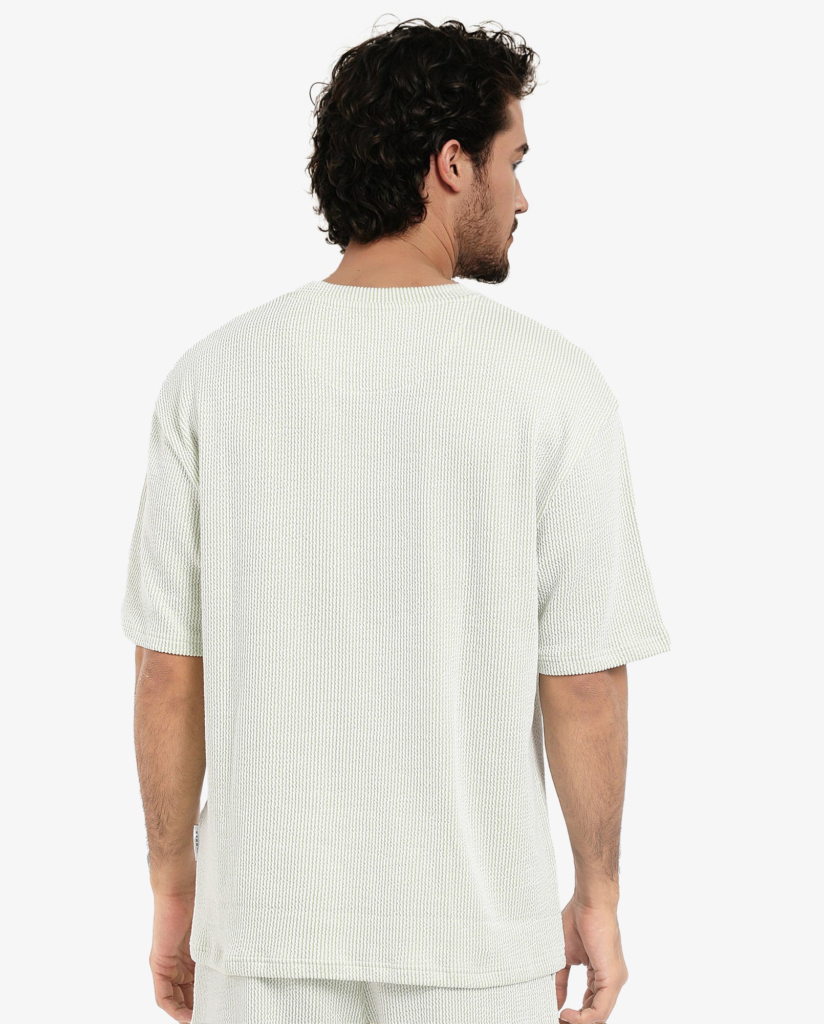 Rare Rabbit Men's Zavet-T Light Green Cotton Polyester Fabric Short Sleeves Crew Neck Oversized Fit Self Stripe Textured T-Shirt