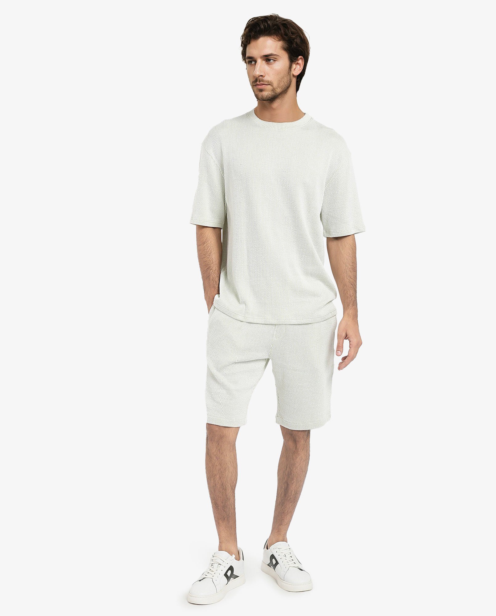 Rare Rabbit Men's Zavet-T Light Green Cotton Polyester Fabric Short Sleeves Crew Neck Oversized Fit Self Stripe Textured T-Shirt