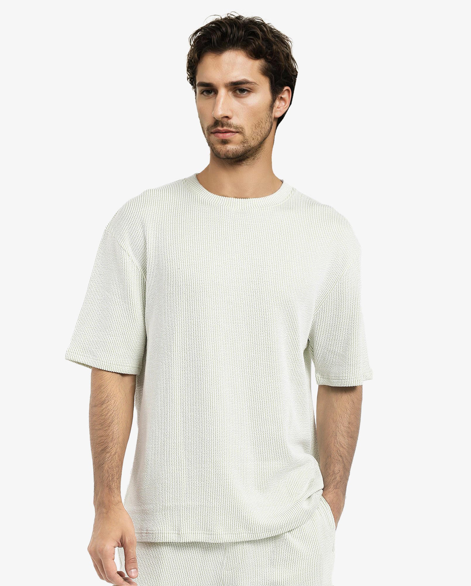 Rare Rabbit Men's Zavet-T Light Green Cotton Polyester Fabric Short Sleeves Crew Neck Oversized Fit Self Stripe Textured T-Shirt