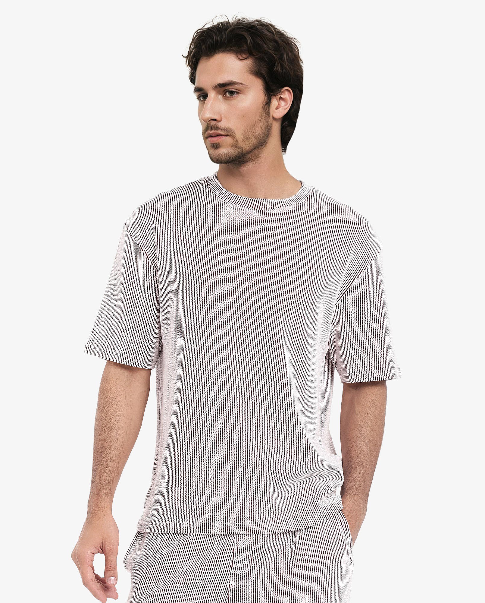 Rare Rabbit Men's Zavet-T Maroon Cotton Polyester Fabric Short Sleeves Crew Neck Oversized Fit Self Stripe Textured T-Shirt