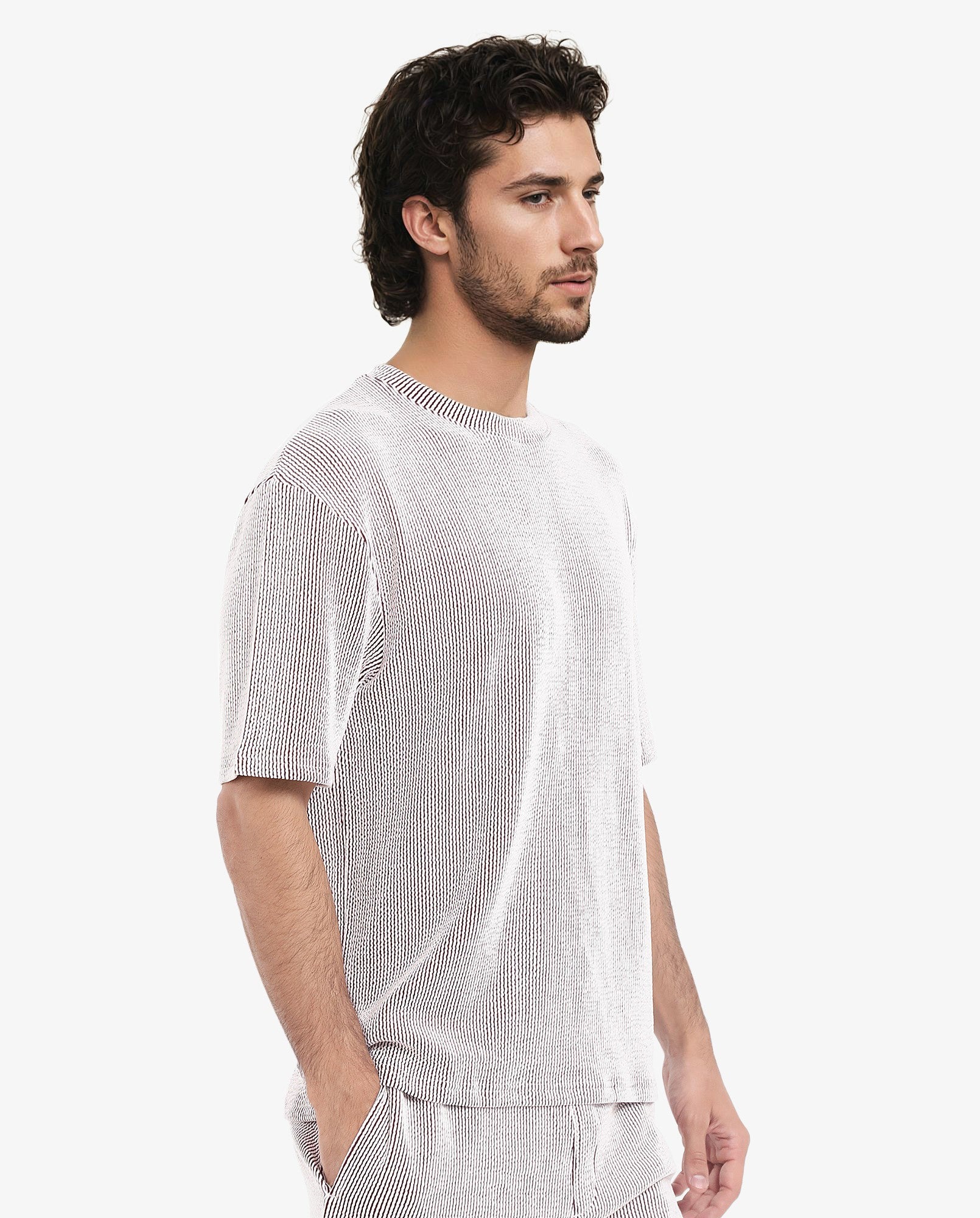 Rare Rabbit Men's Zavet-T Maroon Cotton Polyester Fabric Short Sleeves Crew Neck Oversized Fit Self Stripe Textured T-Shirt