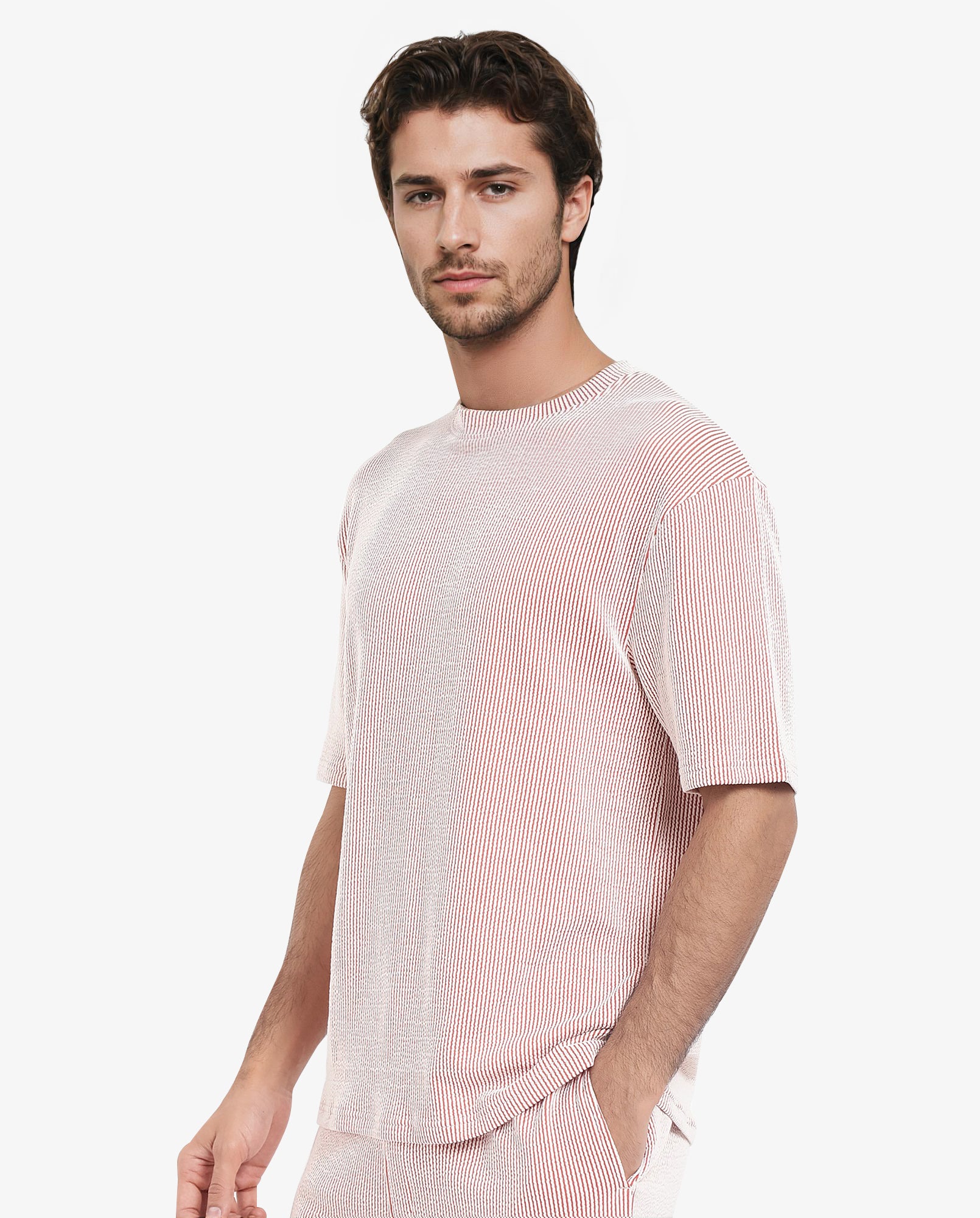 Rare Rabbit Men's Zavet-T Rust Cotton Polyester Fabric Short Sleeves Crew Neck Oversized Fit Self Stripe Textured T-Shirt