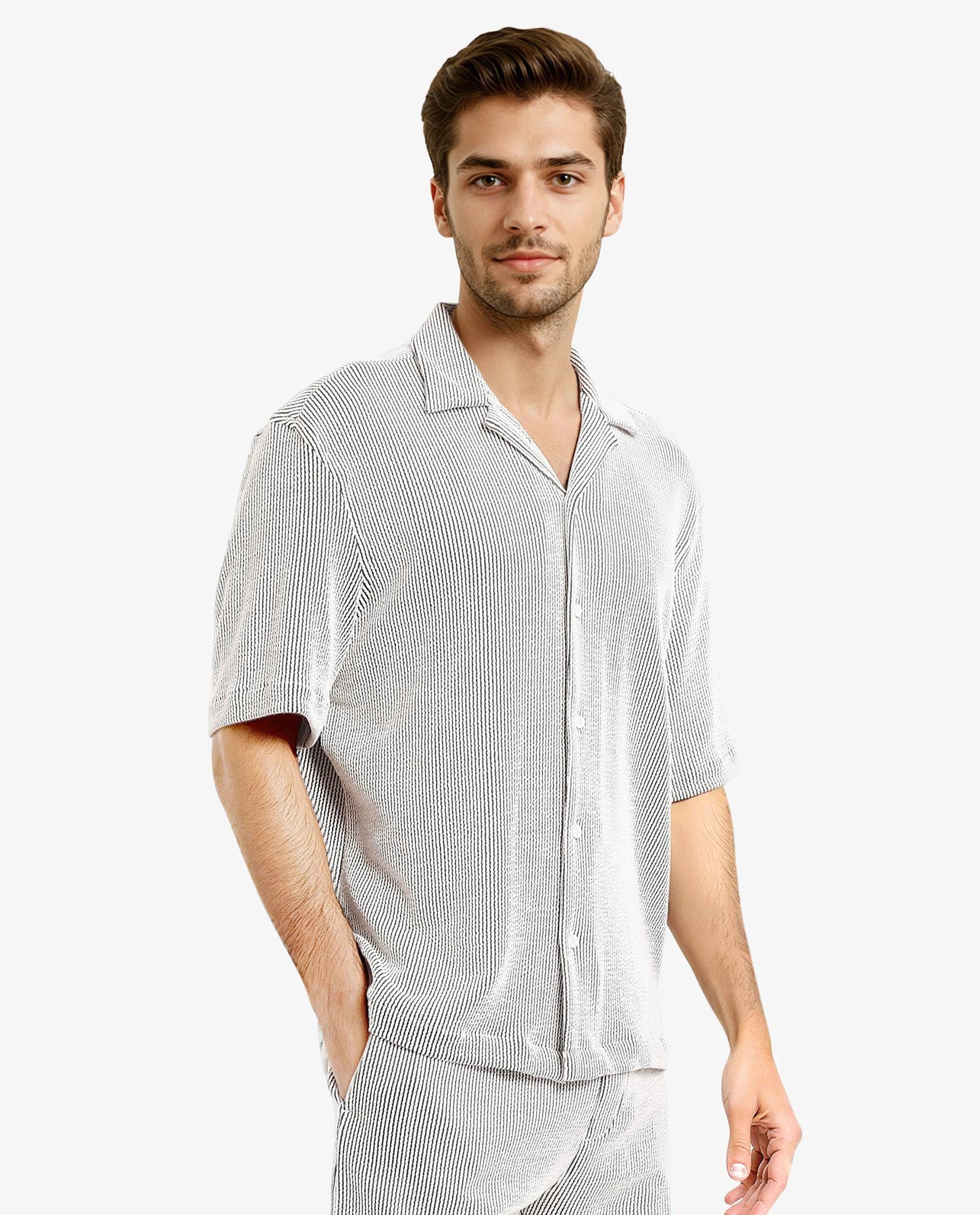 Rare Rabbit Men's Zavet-S Black Cotton Polyester Fabric Short Sleeves Cuban Collar Boxy Fit Self Stripe Textured Shirt