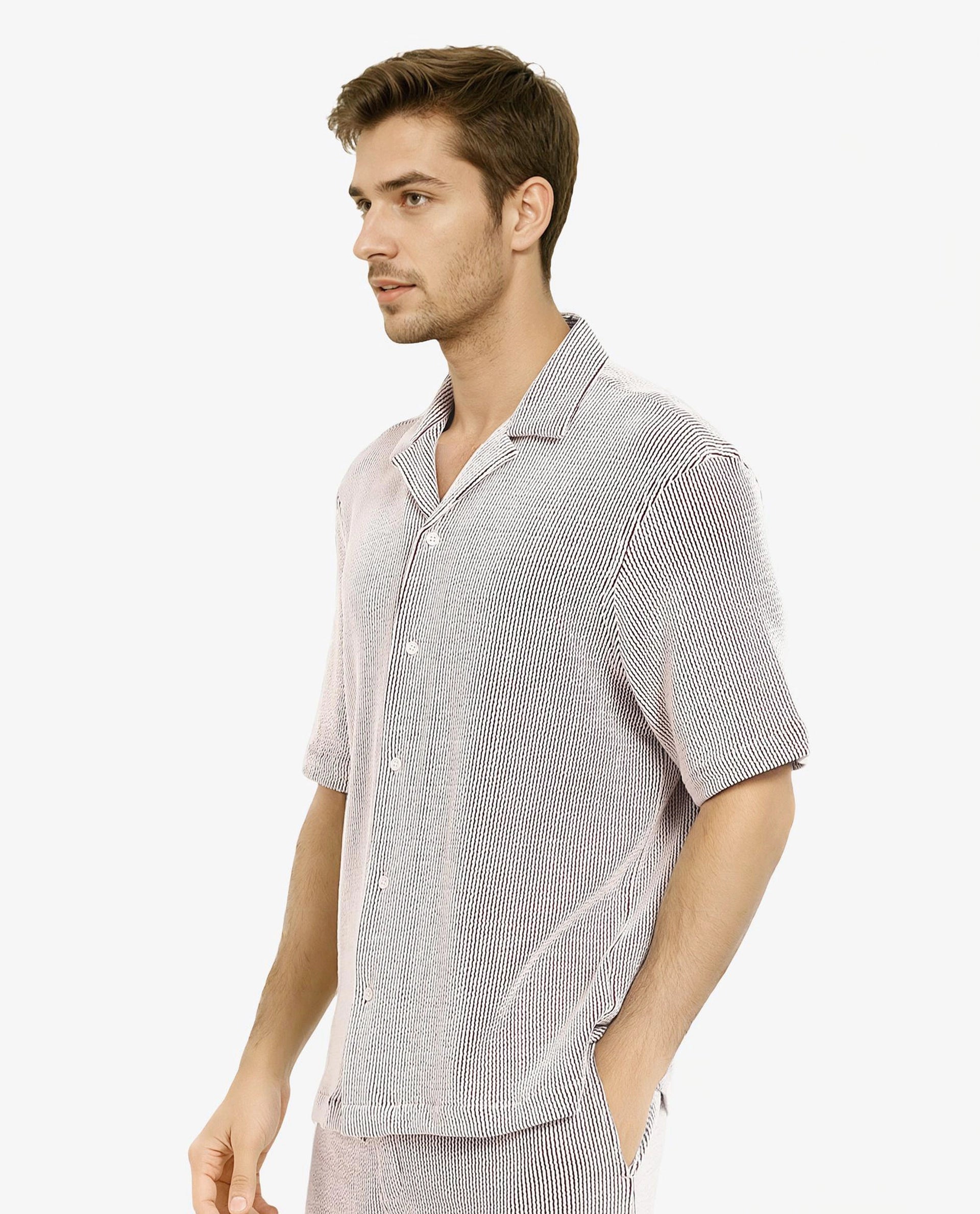 Rare Rabbit Men's Zavet-S Maroon Cotton Polyester Fabric Short Sleeves Cuban Collar Boxy Fit Self Stripe Textured Shirt