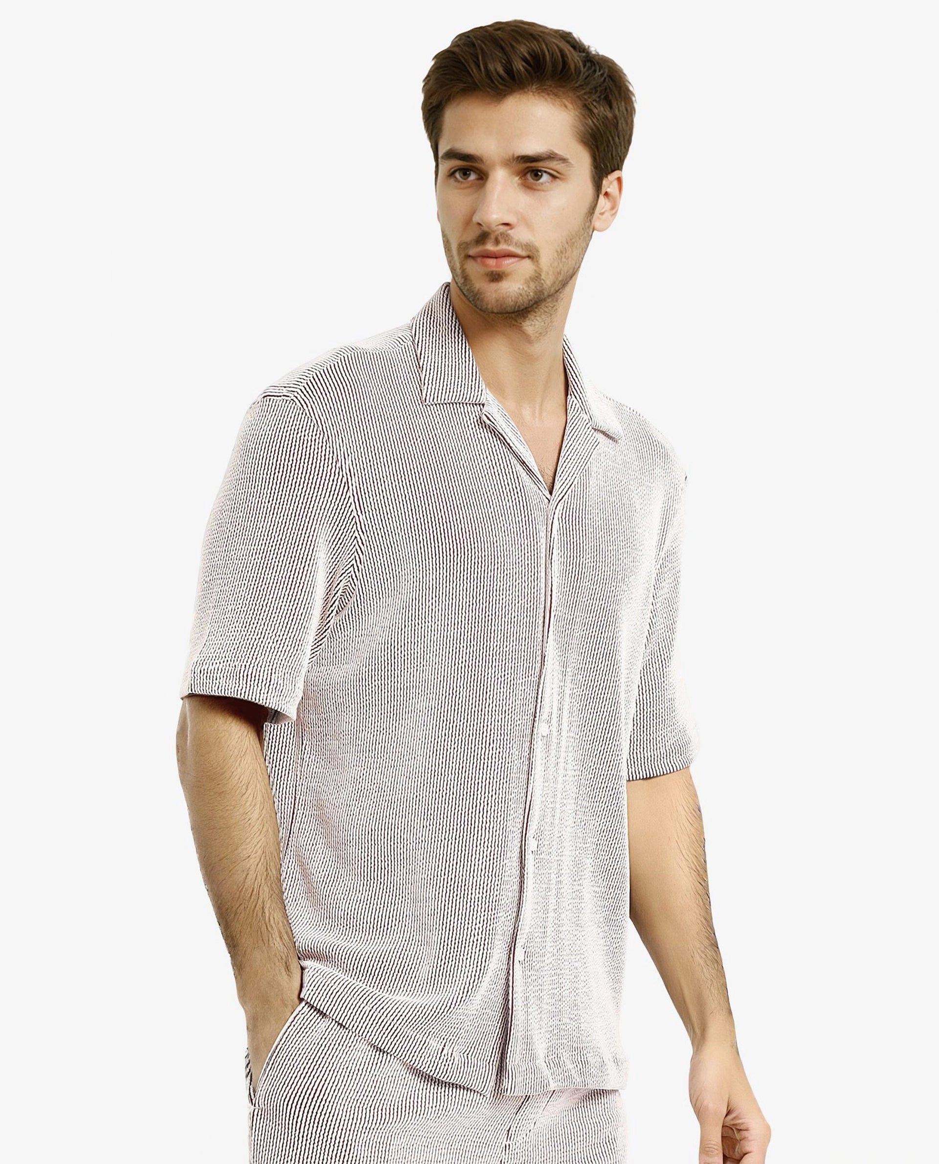 Rare Rabbit Men's Zavet-S Maroon Cotton Polyester Fabric Short Sleeves Cuban Collar Boxy Fit Self Stripe Textured Shirt