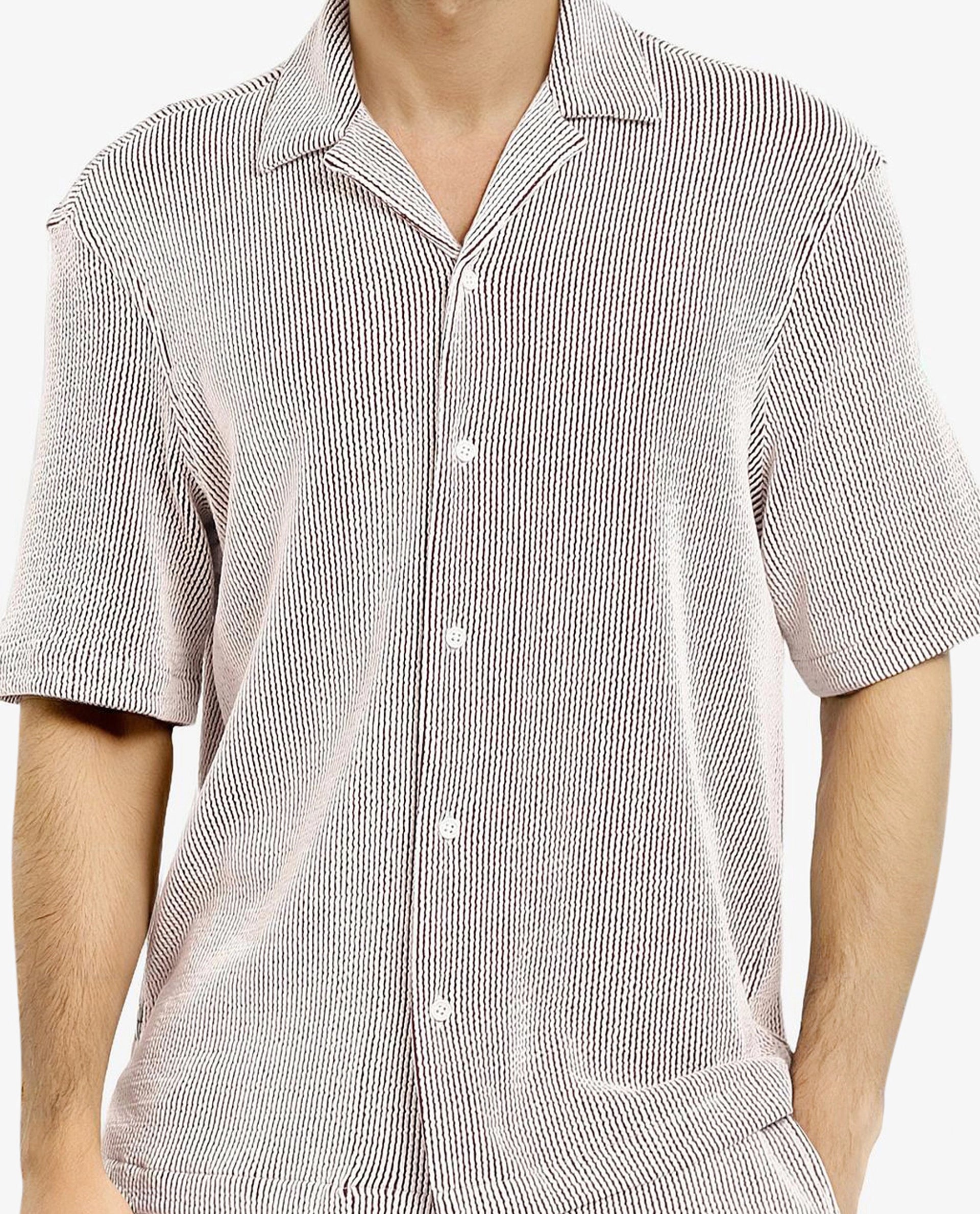 Rare Rabbit Men's Zavet-S Maroon Cotton Polyester Fabric Short Sleeves Cuban Collar Boxy Fit Self Stripe Textured Shirt