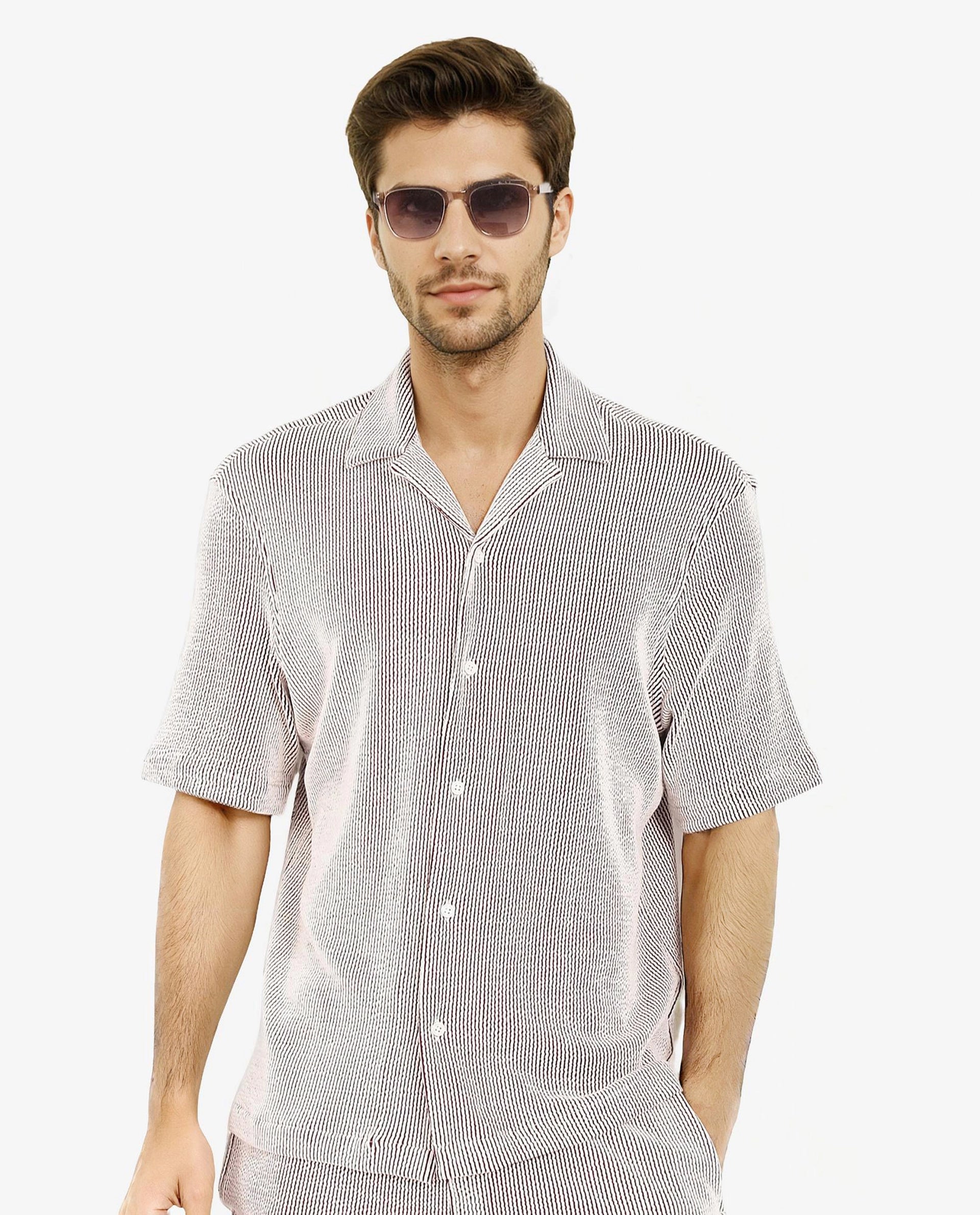 Rare Rabbit Men's Zavet-S Maroon Cotton Polyester Fabric Short Sleeves Cuban Collar Boxy Fit Self Stripe Textured Shirt