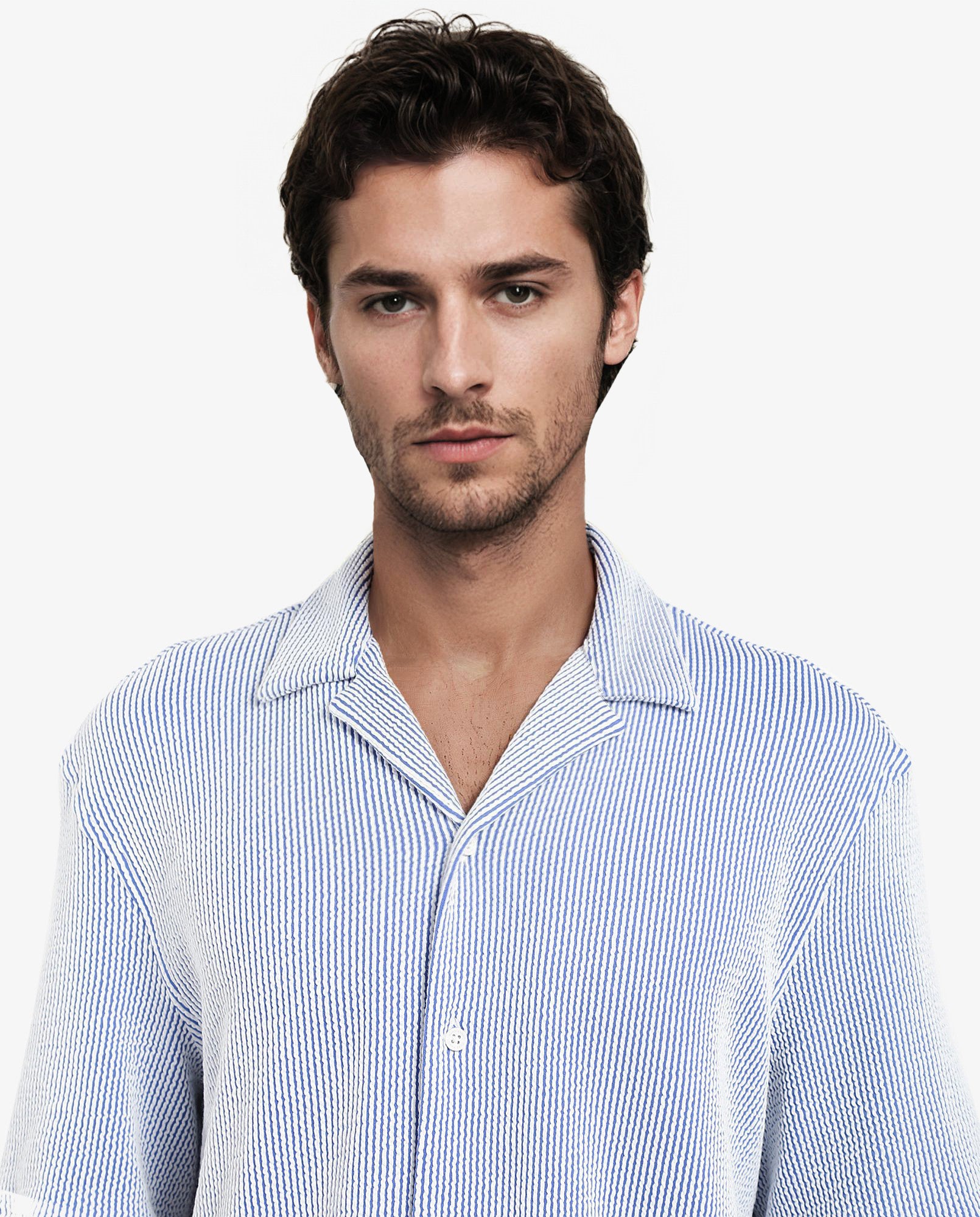 Rare Rabbit Men's Zavet-S Blue Cotton Polyester Fabric Short Sleeves Cuban Collar Boxy Fit Self Stripe Textured Shirt