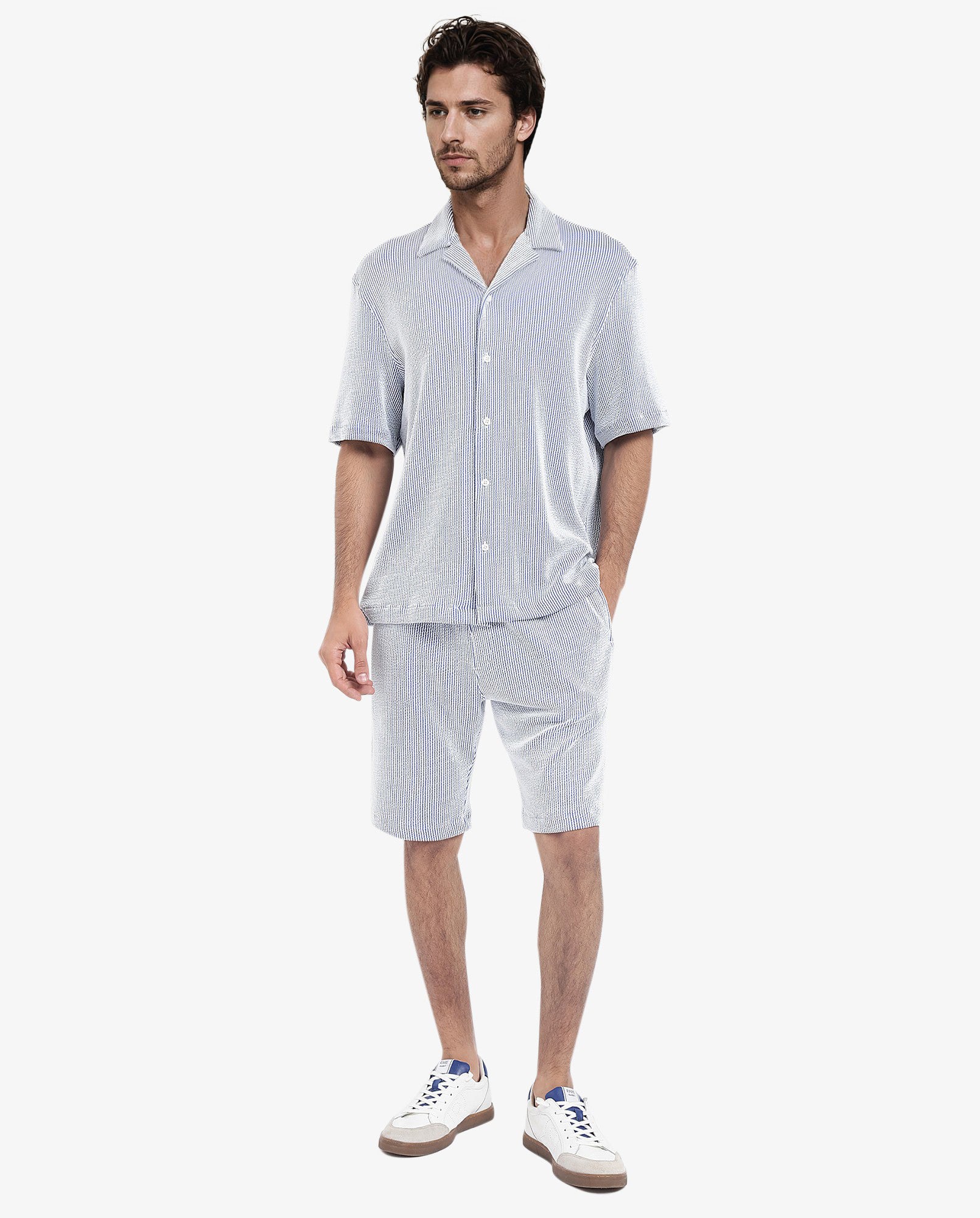 Rare Rabbit Men's Zavet-S Blue Cotton Polyester Fabric Short Sleeves Cuban Collar Boxy Fit Self Stripe Textured Shirt