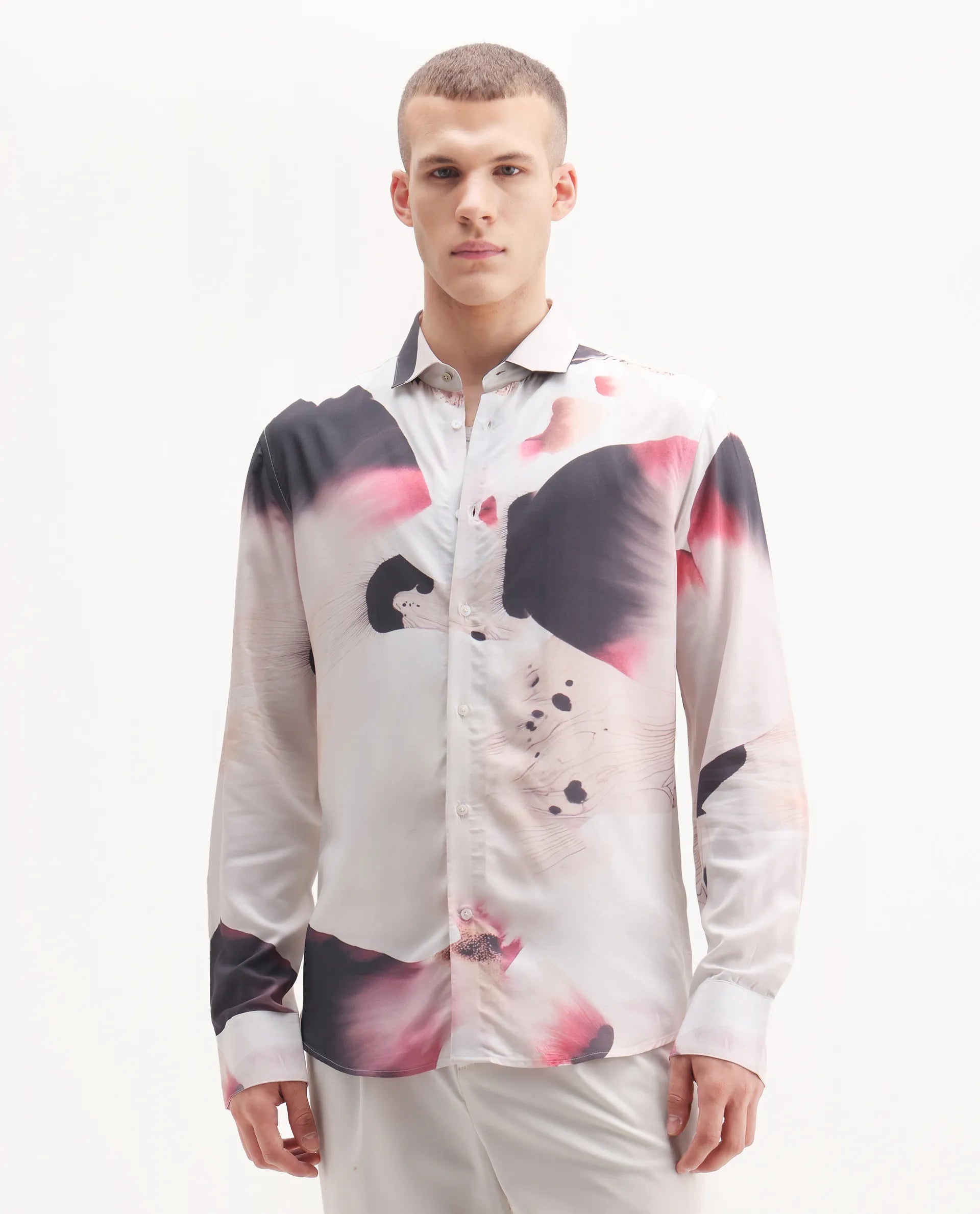 Rare Rabbit Men's Zaya Dusky White Viscose Floral Print Regular Fit Full Sleeve Collared Shirt