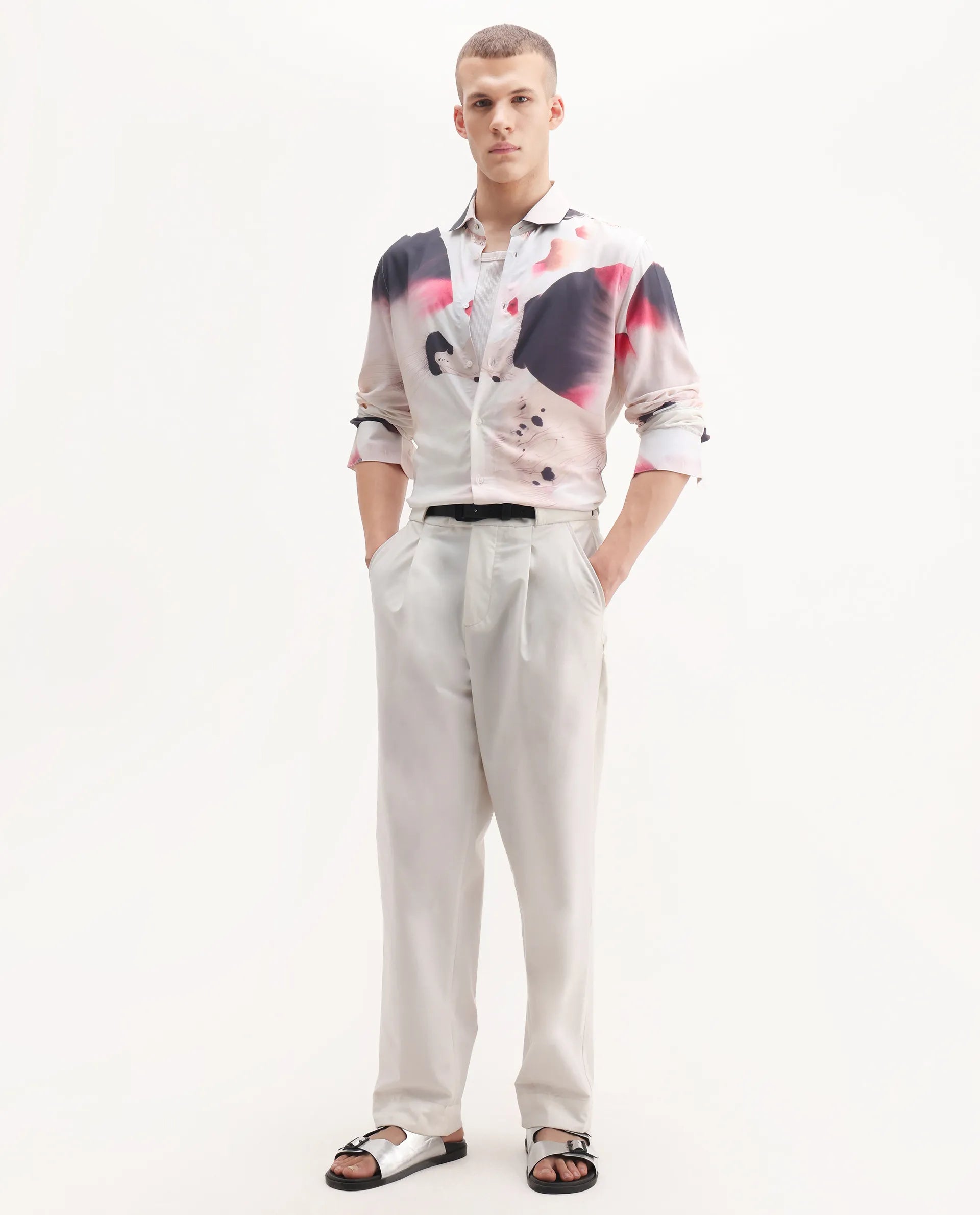 Rare Rabbit Men's Zaya Dusky White Viscose Floral Print Regular Fit Full Sleeve Collared Shirt