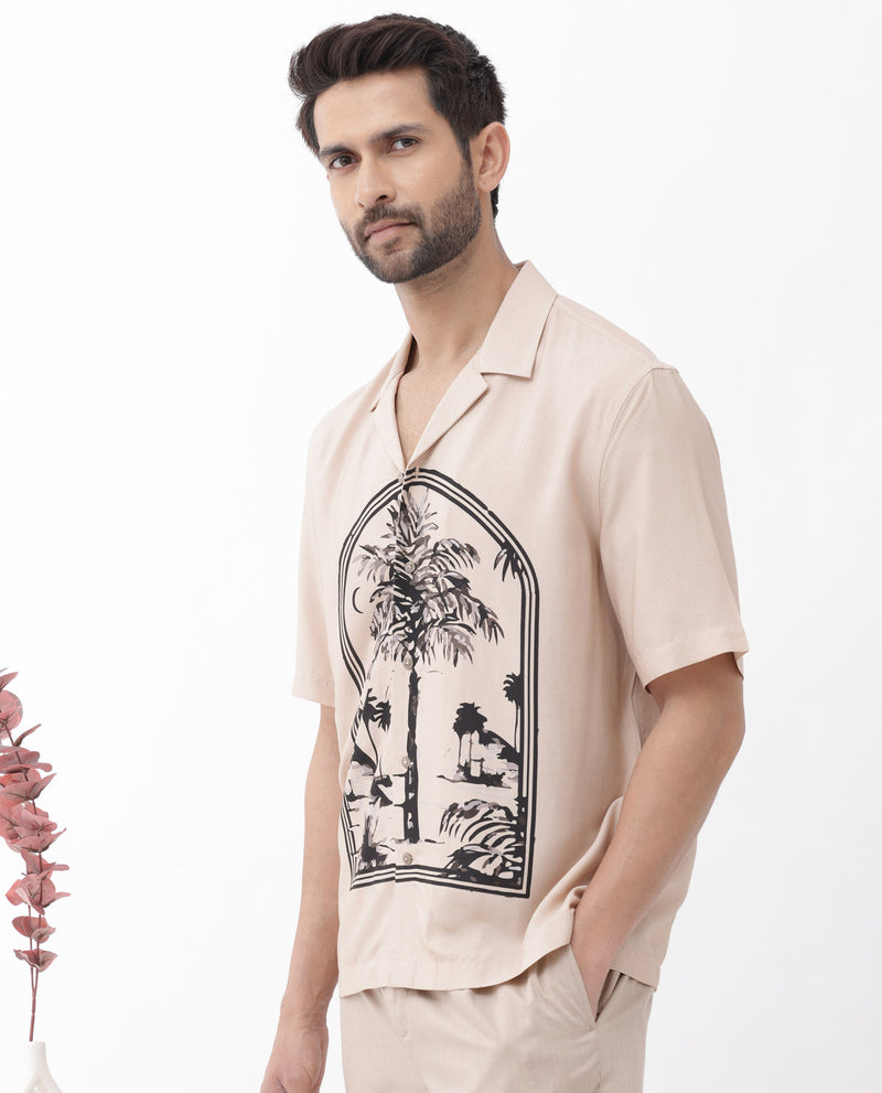 Rare Rabbit Men's Zedd Light Peach Viscose Fabric Short Sleeve Tropical Print Cuban Collar Boxy Fit Shirt