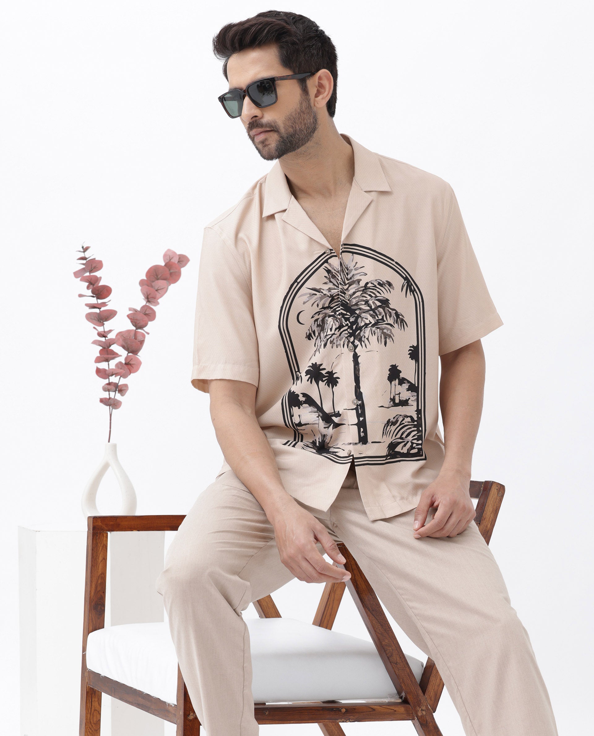 Rare Rabbit Men's Zedd Light Peach Viscose Fabric Short Sleeve Tropical Print Cuban Collar Boxy Fit Shirt