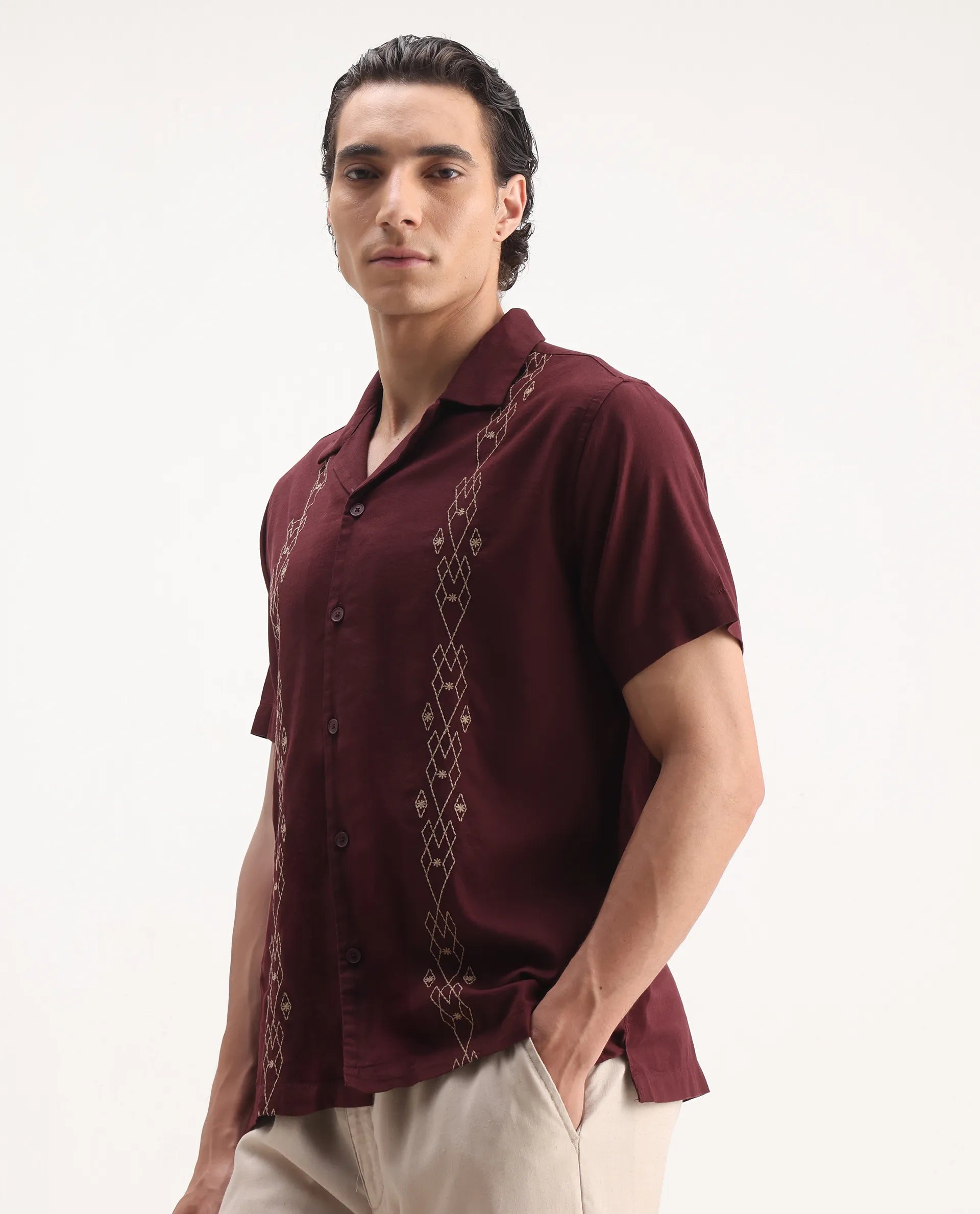 Rare Rabbit Men's Zedter-1 Dusky Maroon Cotton Blend Embroidered Relaxed Fit Half Sleeve Cuban Collar Shirt