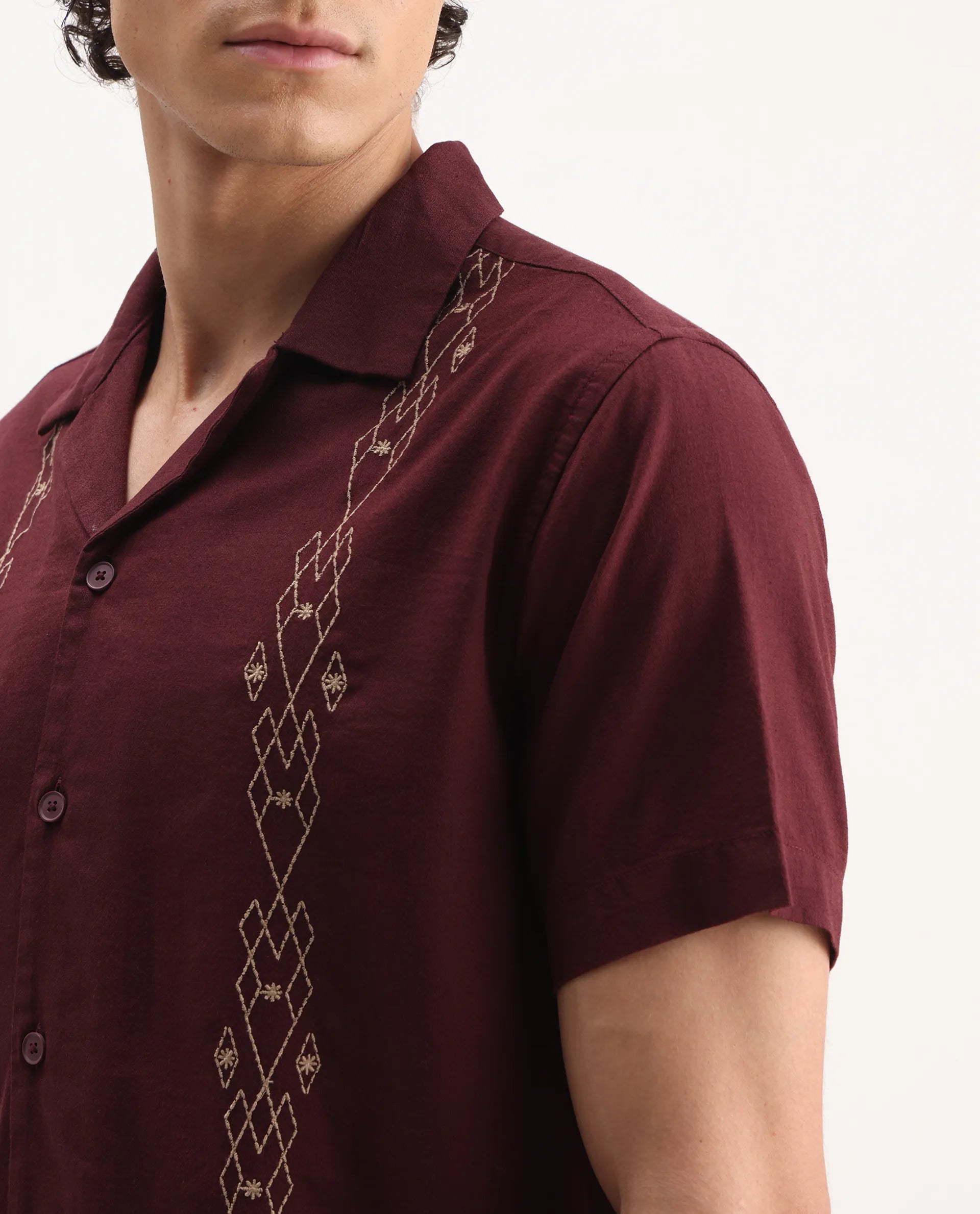 Rare Rabbit Men's Zedter-1 Dusky Maroon Cotton Blend Embroidered Relaxed Fit Half Sleeve Cuban Collar Shirt