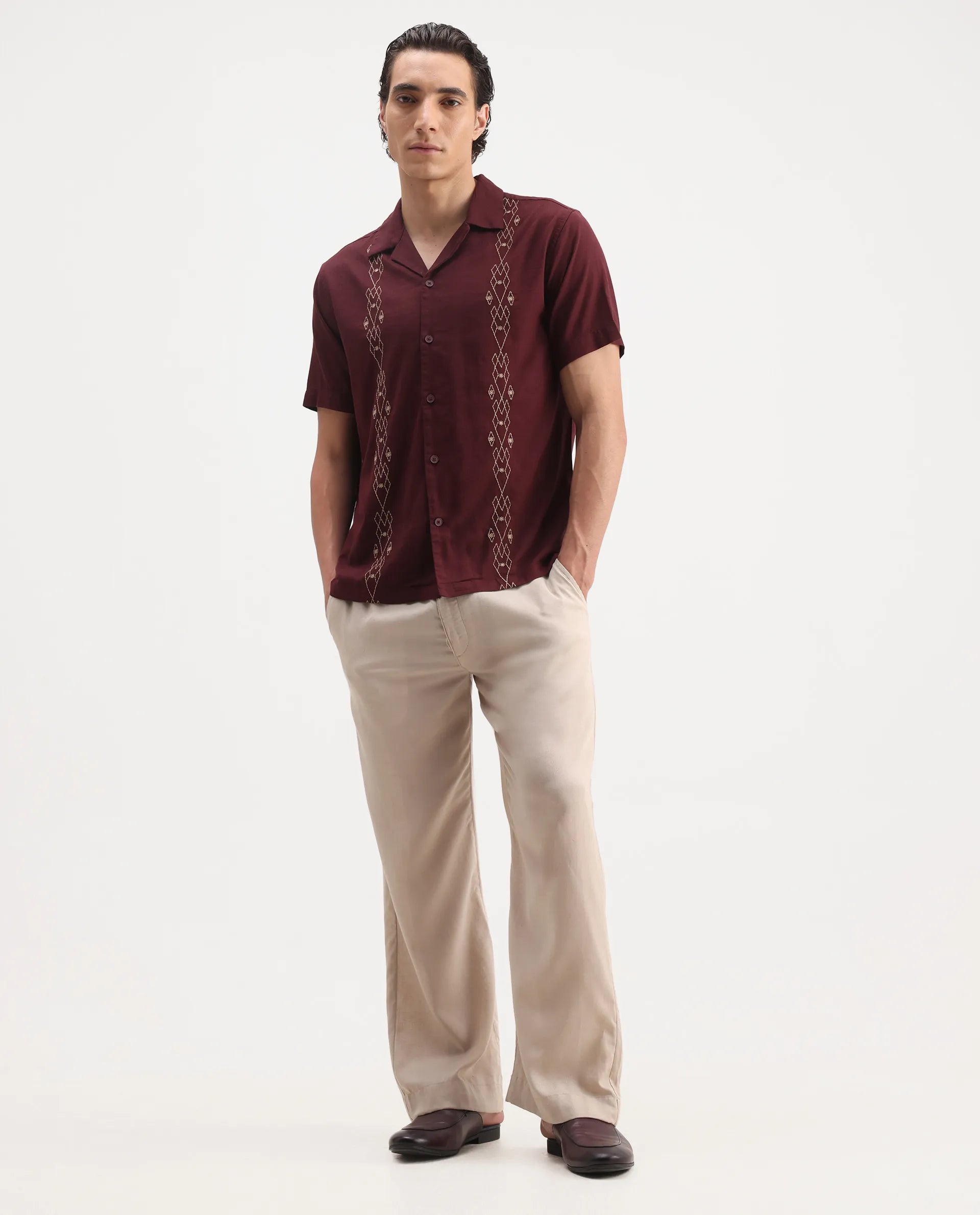 Rare Rabbit Men's Zedter-1 Dusky Maroon Cotton Blend Embroidered Relaxed Fit Half Sleeve Cuban Collar Shirt