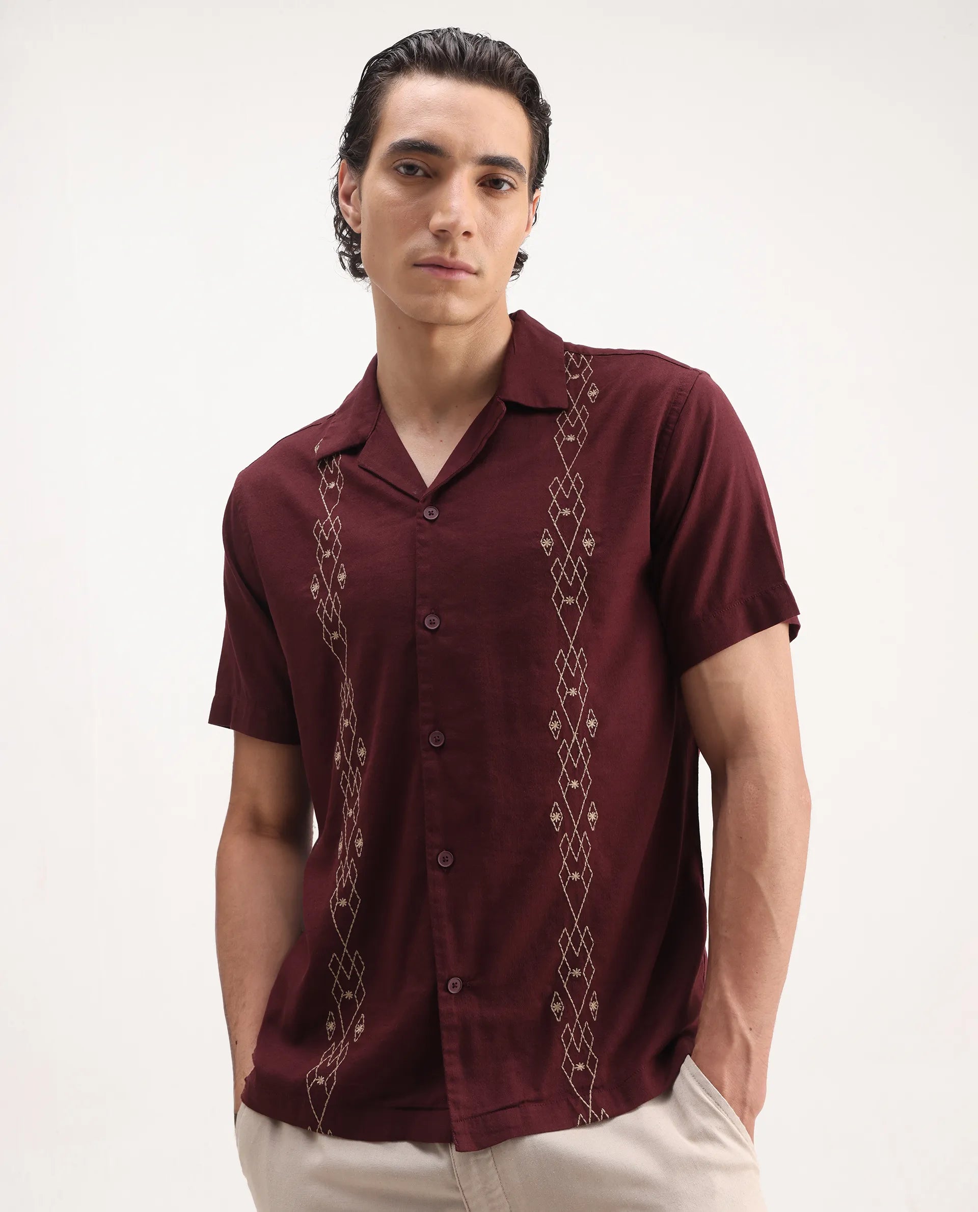 Rare Rabbit Men's Zedter-1 Dusky Maroon Cotton Blend Embroidered Relaxed Fit Half Sleeve Cuban Collar Shirt