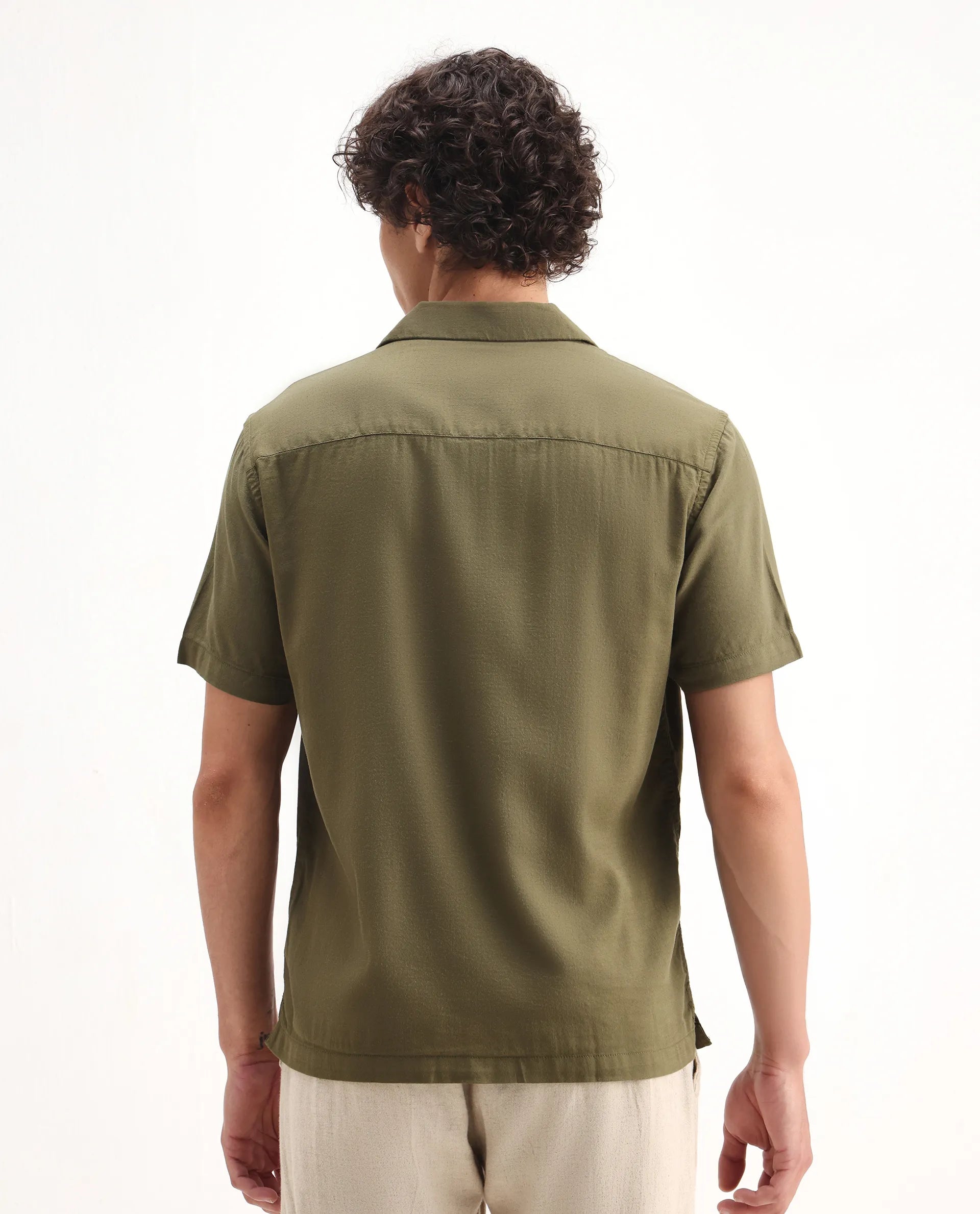 Rare Rabbit Men's Zedter-2 Olive Cotton Embroidered Relaxed Fit Half Sleeve Cuban Collar Shirt