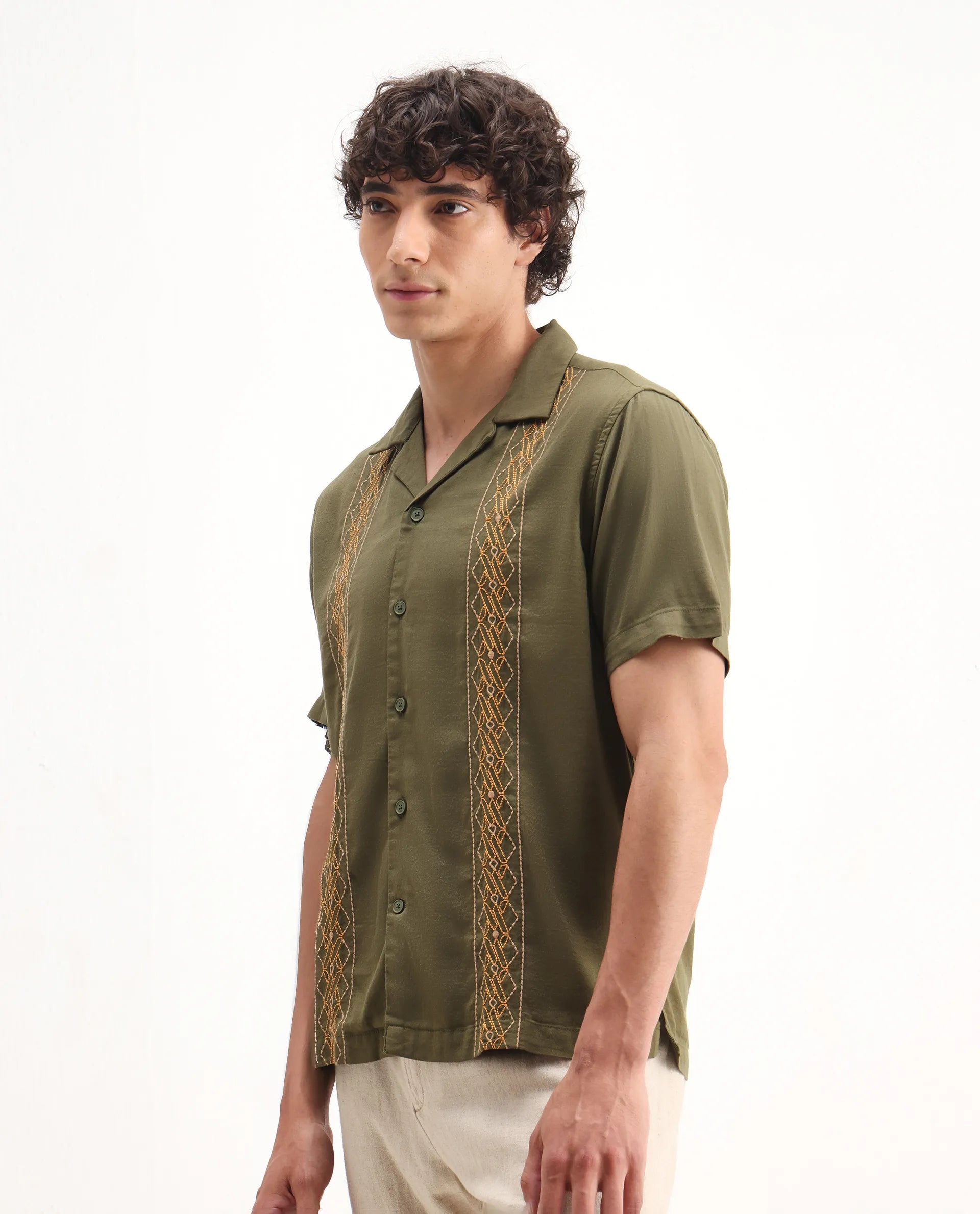 Rare Rabbit Men's Zedter-2 Olive Cotton Embroidered Relaxed Fit Half Sleeve Cuban Collar Shirt