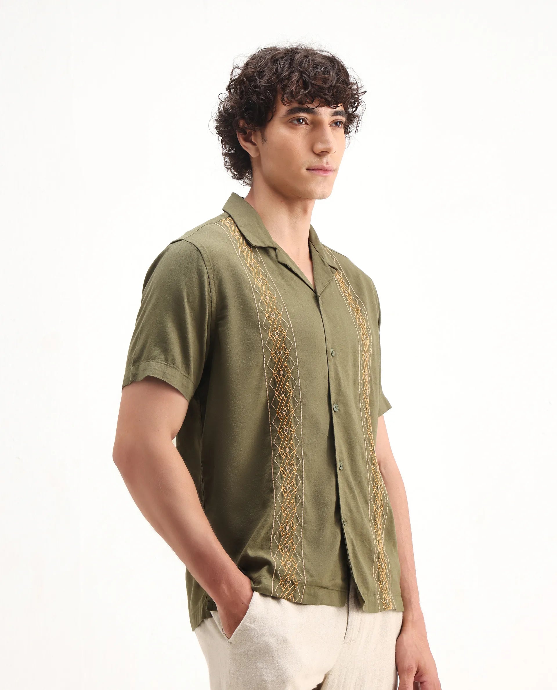 Rare Rabbit Men's Zedter-2 Olive Cotton Embroidered Relaxed Fit Half Sleeve Cuban Collar Shirt