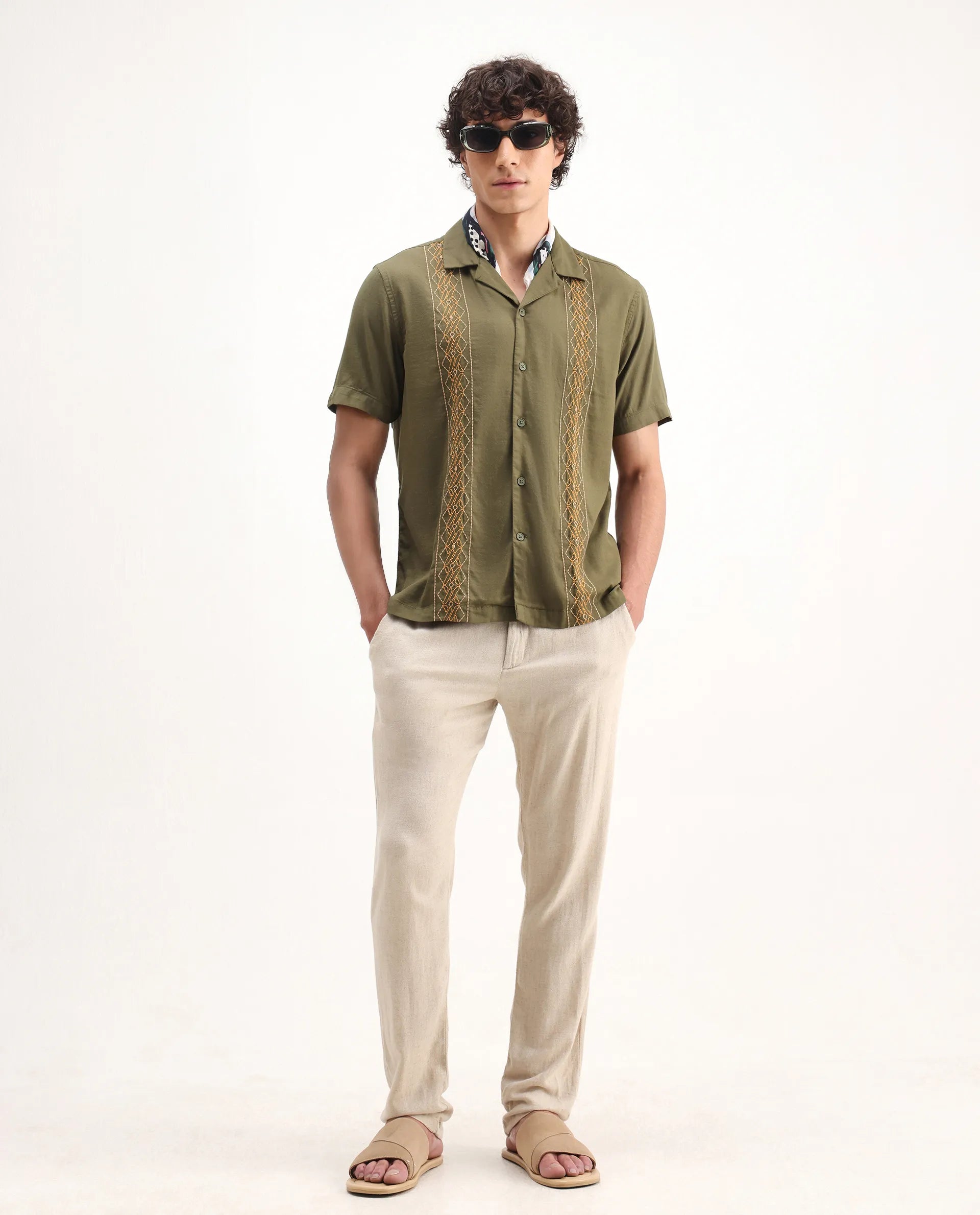 Rare Rabbit Men's Zedter-2 Olive Cotton Embroidered Relaxed Fit Half Sleeve Cuban Collar Shirt