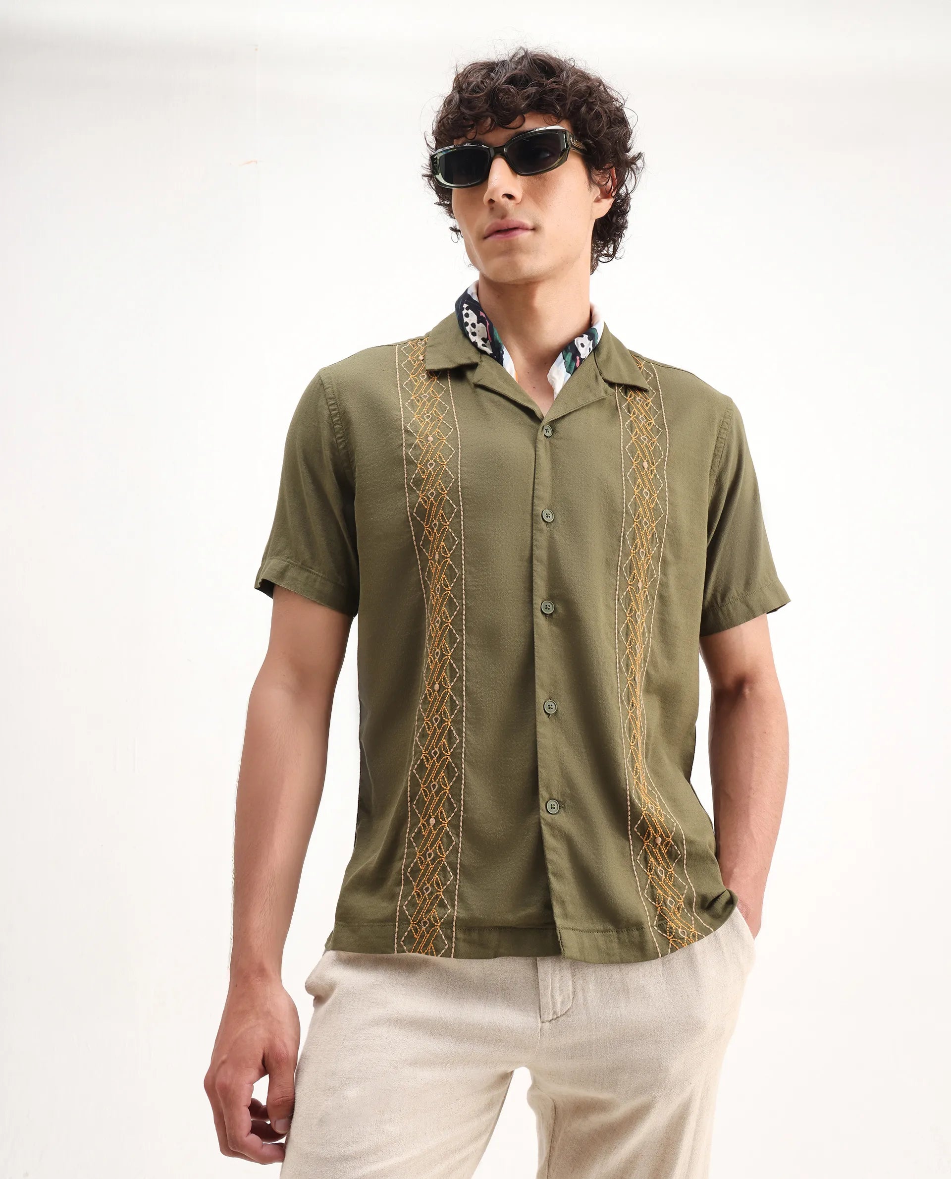 Rare Rabbit Men's Zedter-2 Olive Cotton Embroidered Relaxed Fit Half Sleeve Cuban Collar Shirt