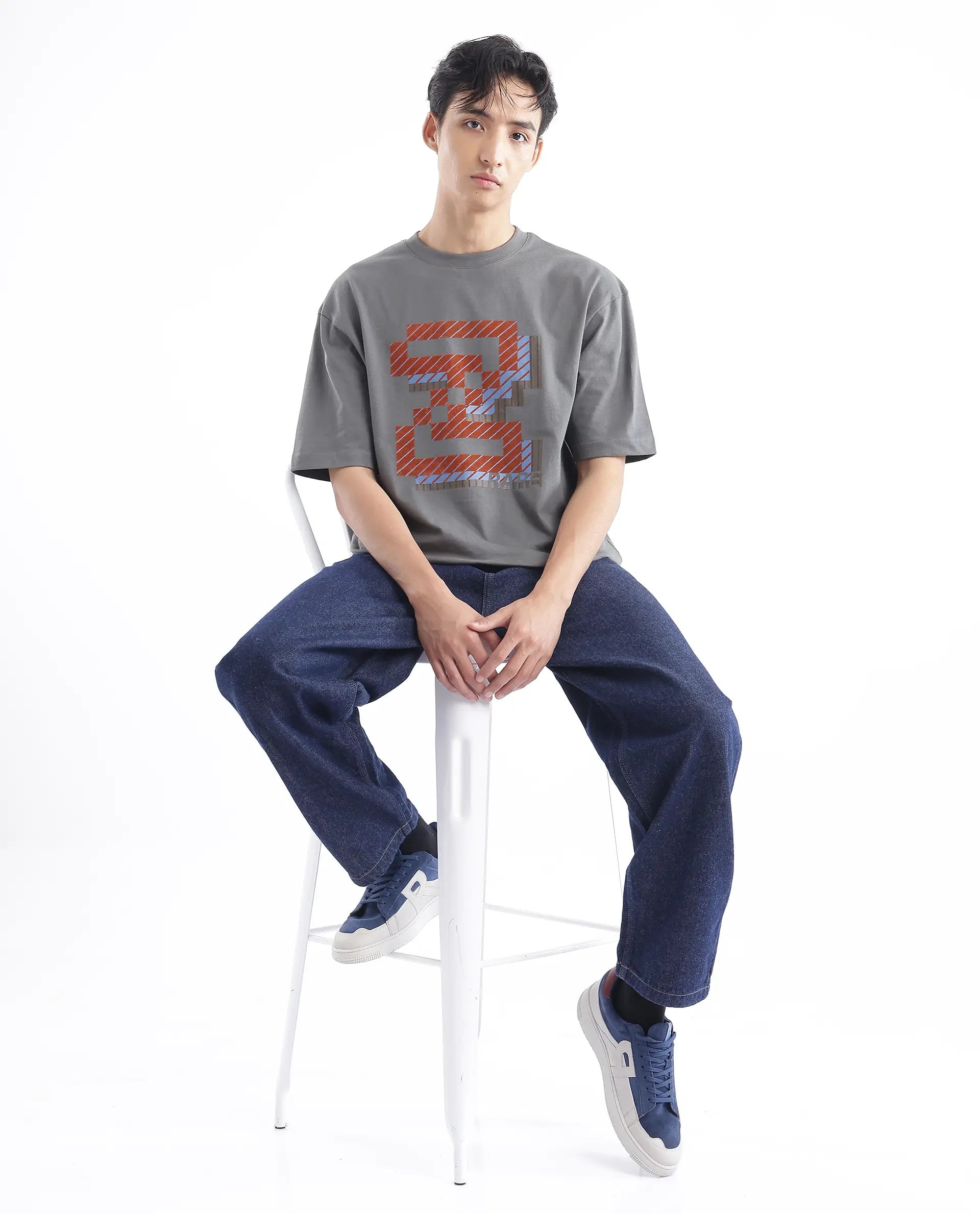 Rare Rabbit Men Zee's Grey Cotton Fabric Short Sleeve Crew Neck Oversized Fit Graphic Print T-Shirt