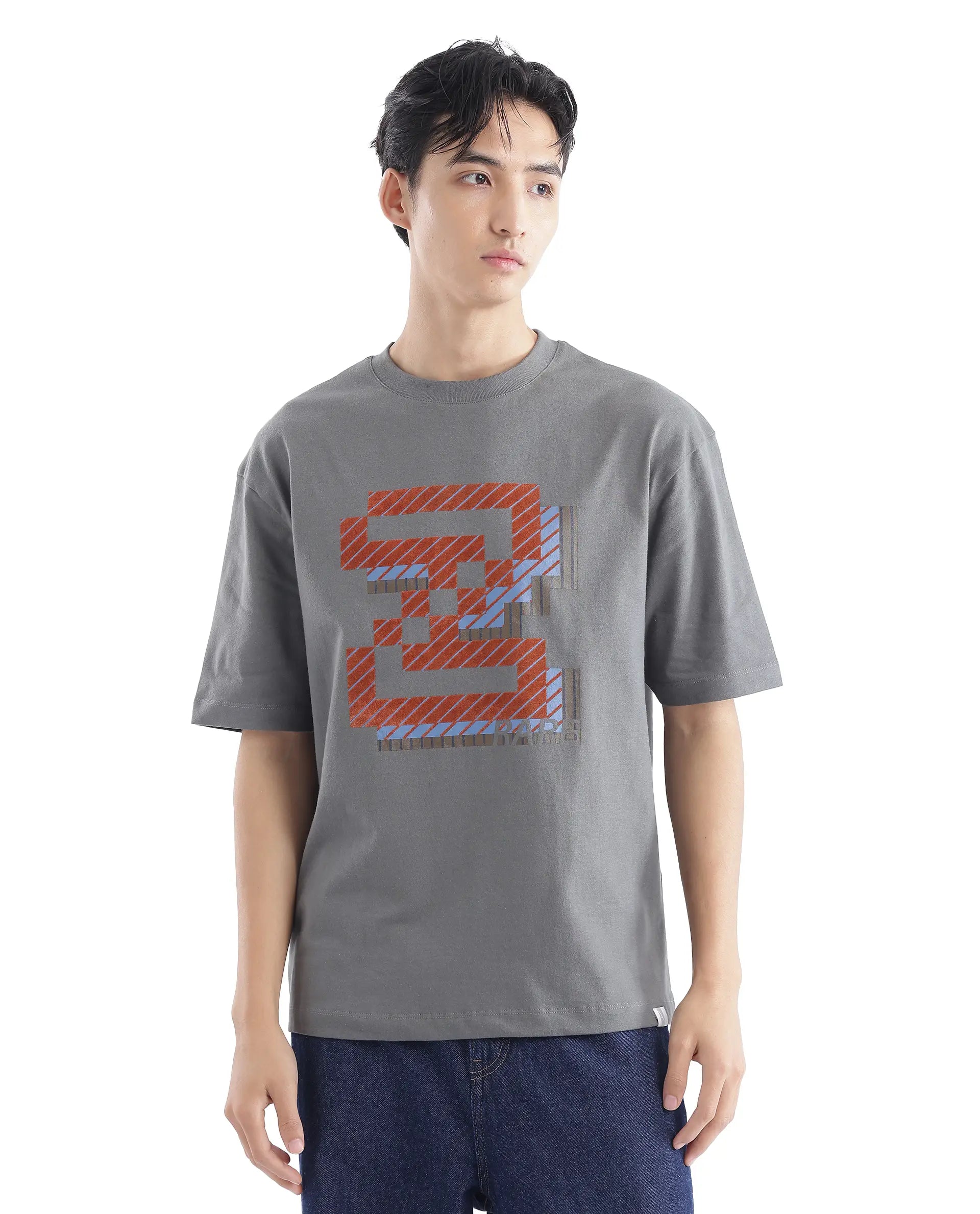 Rare Rabbit Men Zee's Grey Cotton Fabric Short Sleeve Crew Neck Oversized Fit Graphic Print T-Shirt