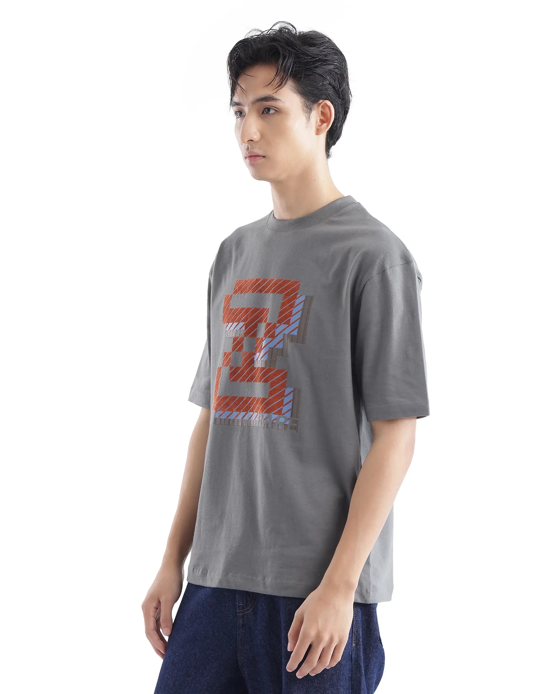 Rare Rabbit Men Zee's Grey Cotton Fabric Short Sleeve Crew Neck Oversized Fit Graphic Print T-Shirt