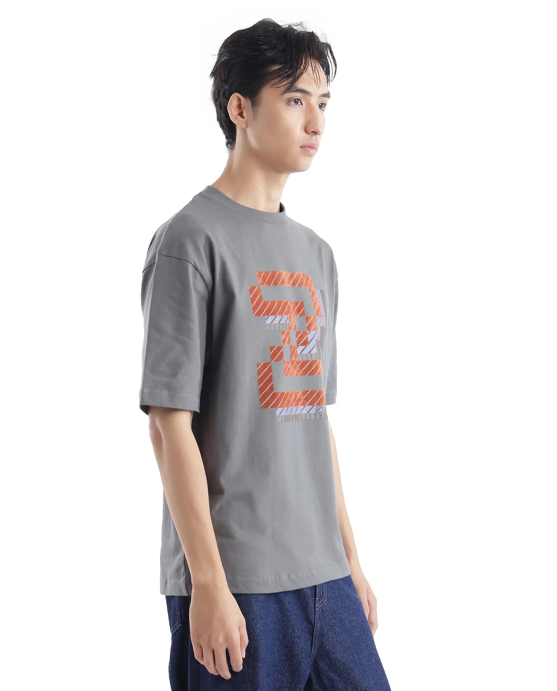 Rare Rabbit Men Zee's Grey Cotton Fabric Short Sleeve Crew Neck Oversized Fit Graphic Print T-Shirt