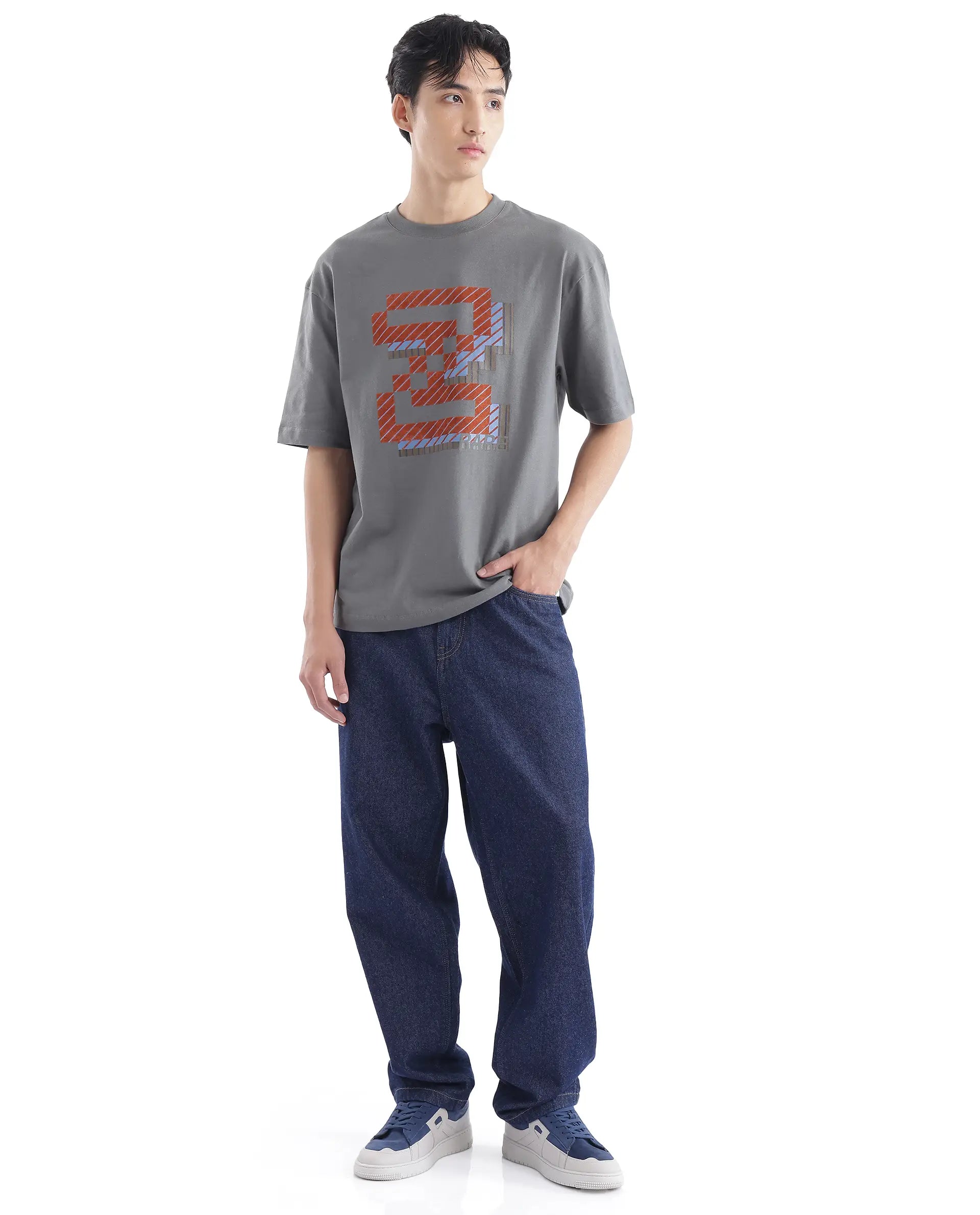 Rare Rabbit Men Zee's Grey Cotton Fabric Short Sleeve Crew Neck Oversized Fit Graphic Print T-Shirt