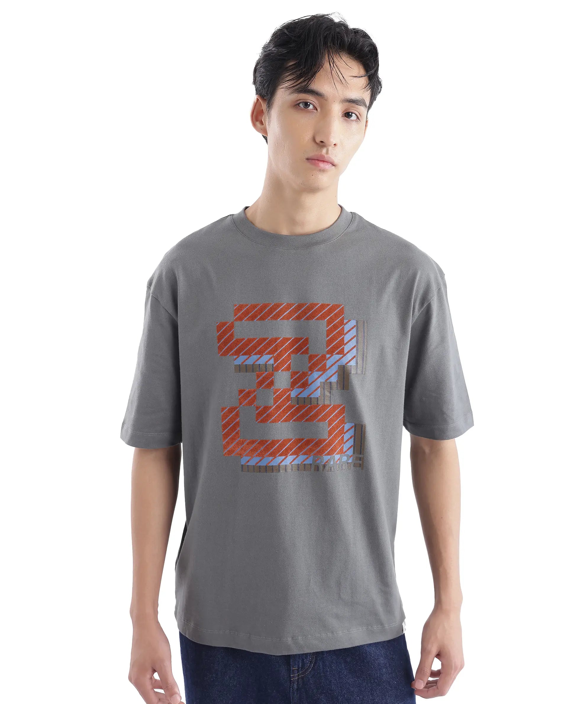 Rare Rabbit Men Zee's Grey Cotton Fabric Short Sleeve Crew Neck Oversized Fit Graphic Print T-Shirt