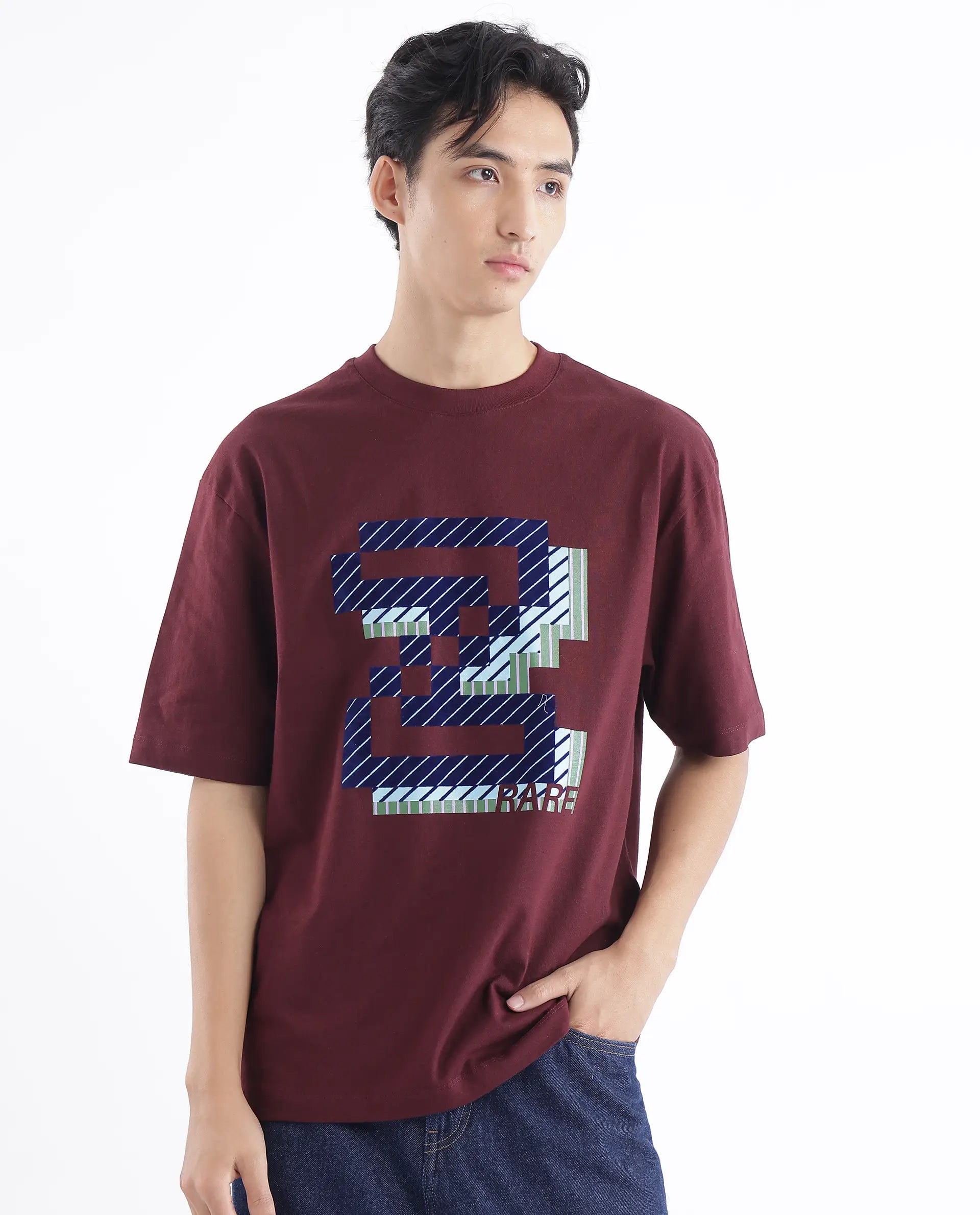 Rare Rabbit Men Zee's Maroon Cotton Fabric Short Sleeve Crew Neck Oversized Fit Graphic Print T-Shirt