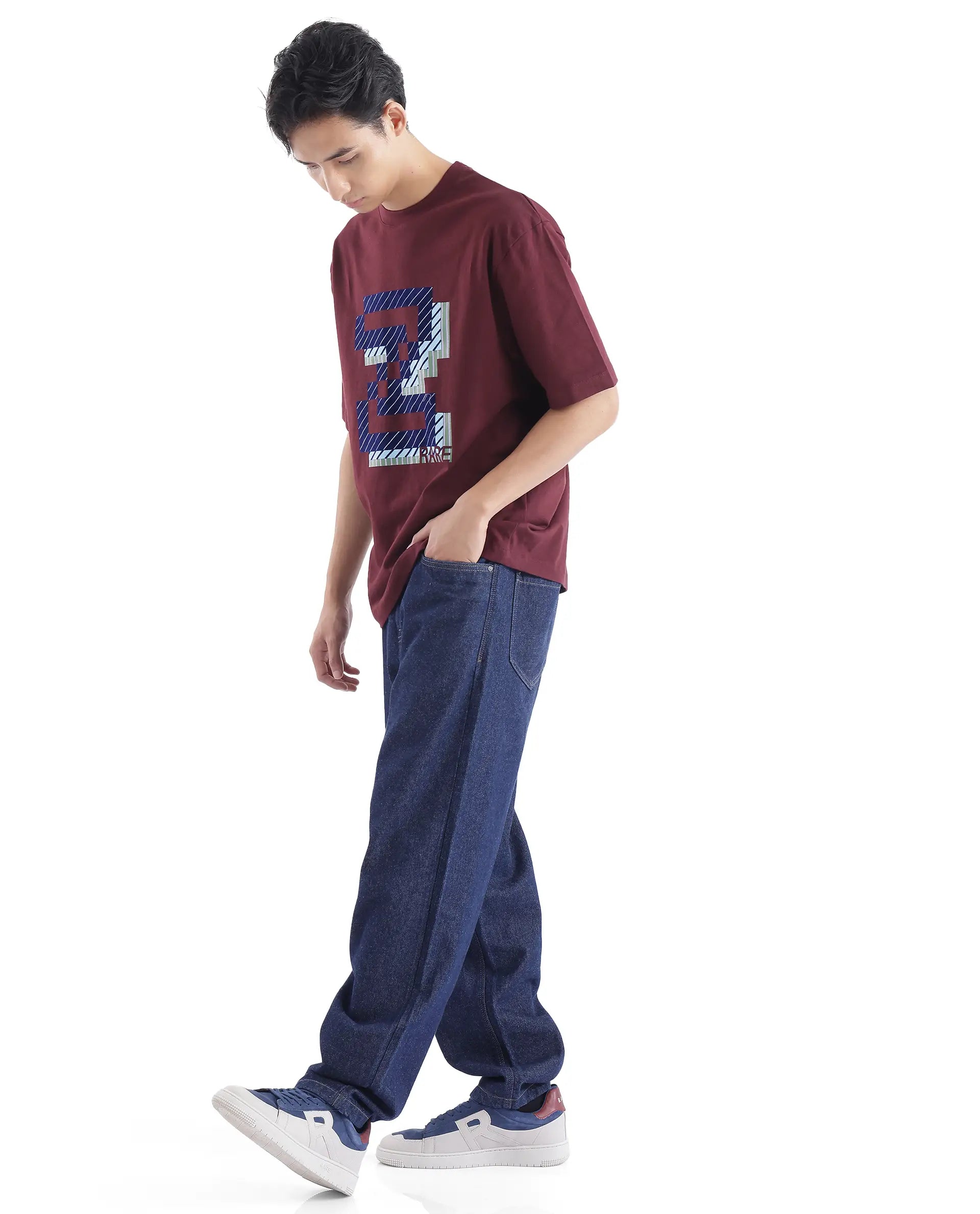 Rare Rabbit Men Zee's Maroon Cotton Fabric Short Sleeve Crew Neck Oversized Fit Graphic Print T-Shirt