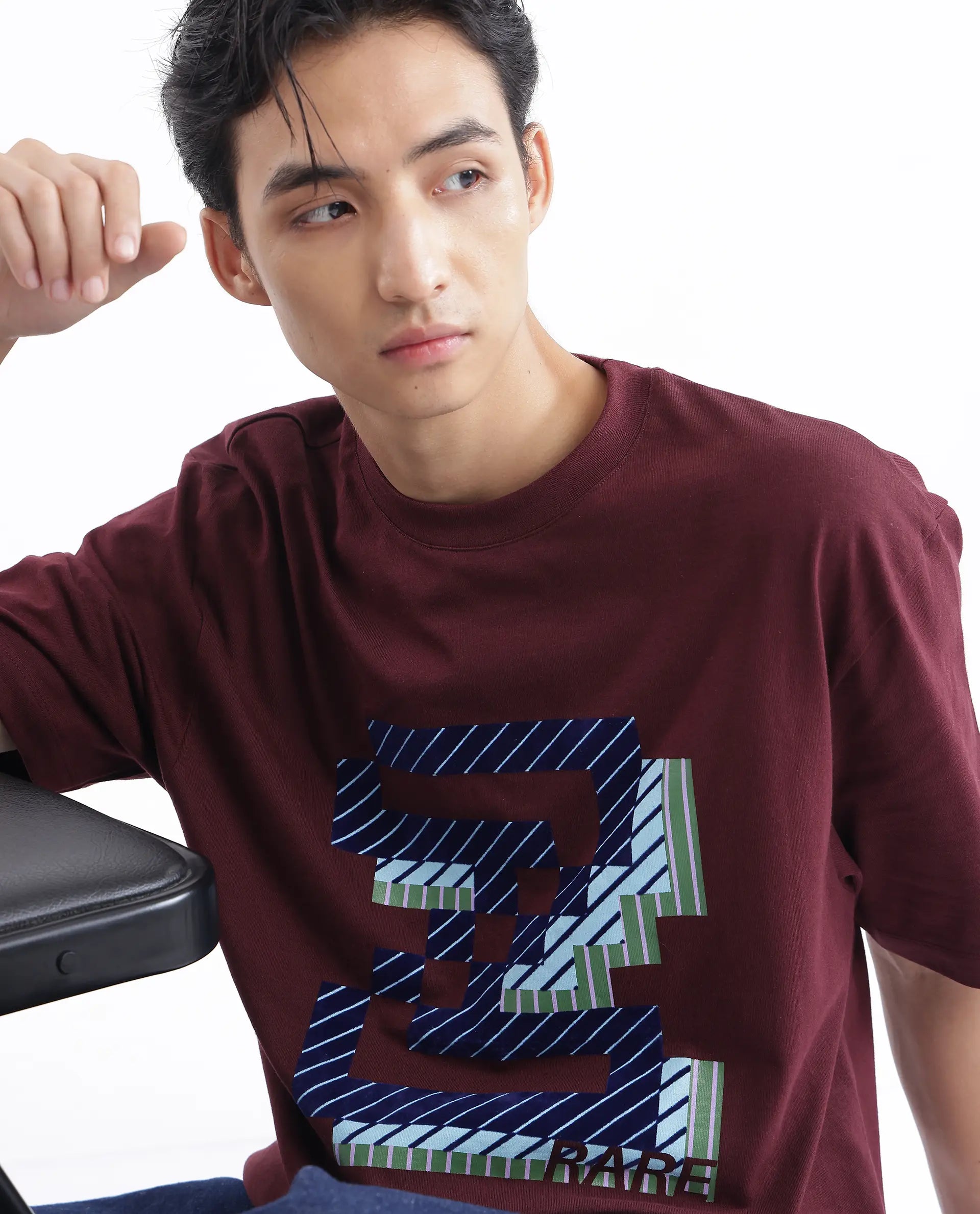 Rare Rabbit Men Zee's Maroon Cotton Fabric Short Sleeve Crew Neck Oversized Fit Graphic Print T-Shirt